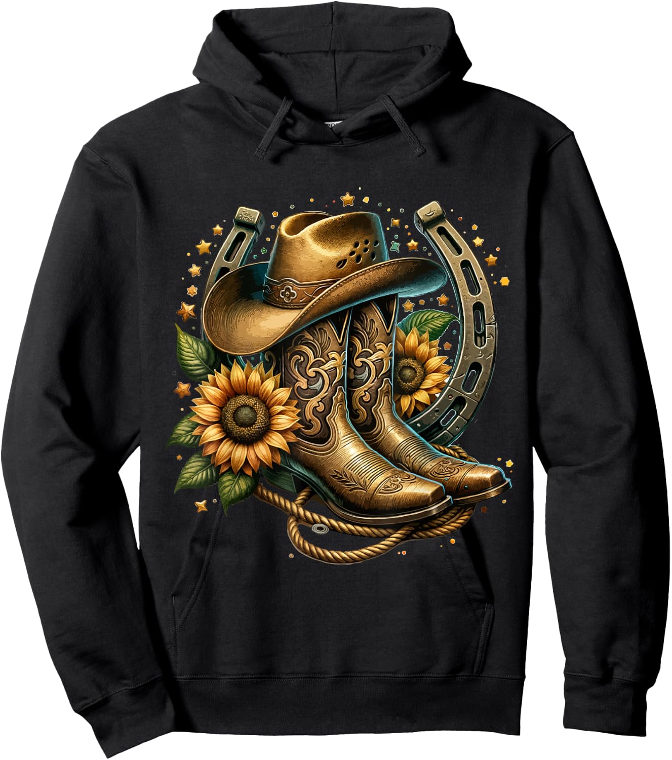Vintage Rustic Western Country Cowboy Boot Art - Women's Western Themed Floral Boot, Rope & Hat - Black, Small Hoodie - Hoodie | Black