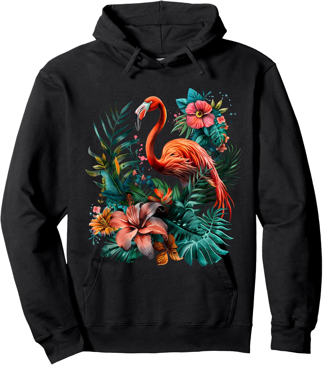 Pink Flamingo Bird Floral Artwork Nature Pink Flamingo Bird Hoodie - Hoodie | Black
