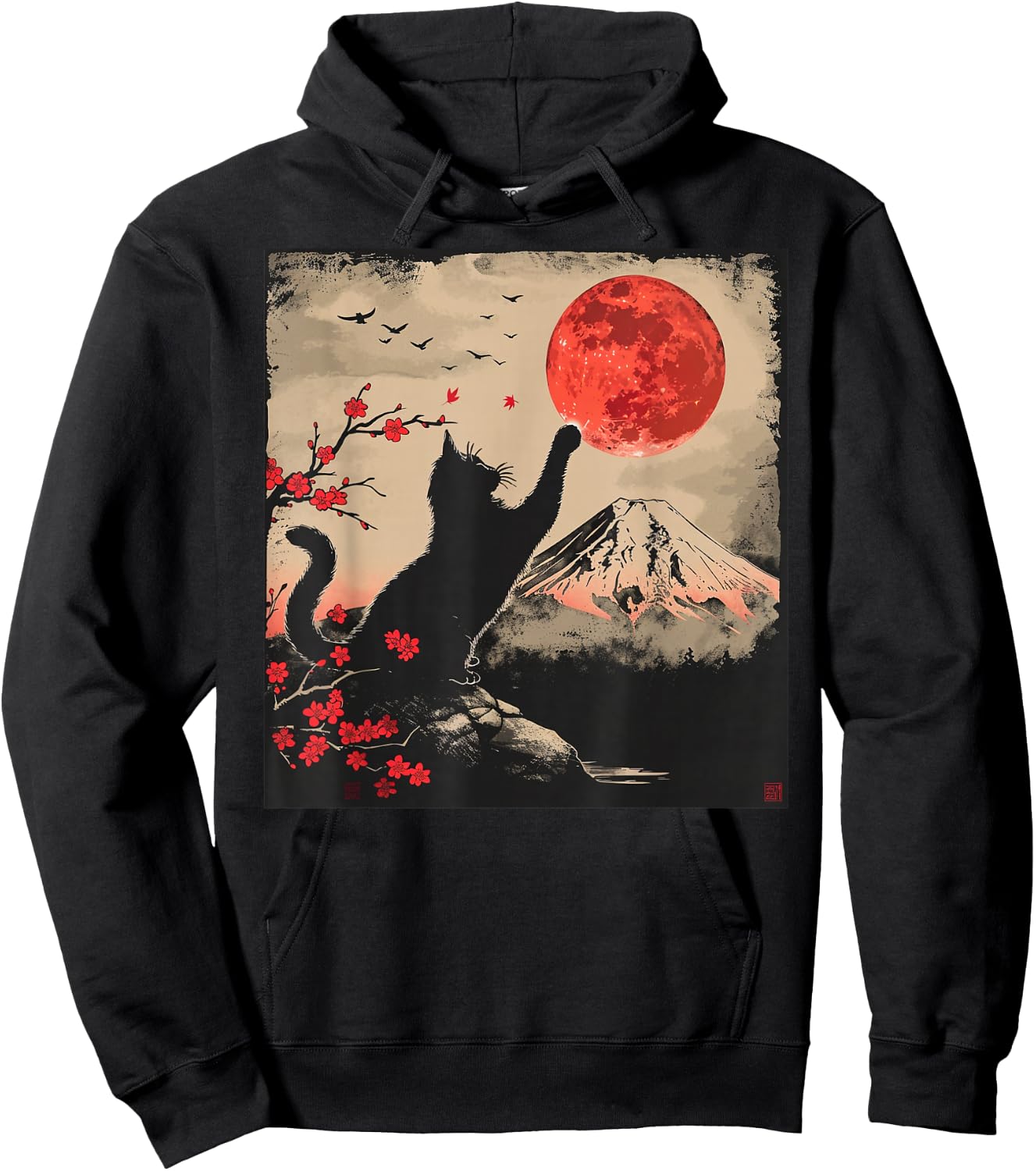 Vintage Japan Art Japanese Theme Retro Print Black Cat Hoodie - Hoodie | Black