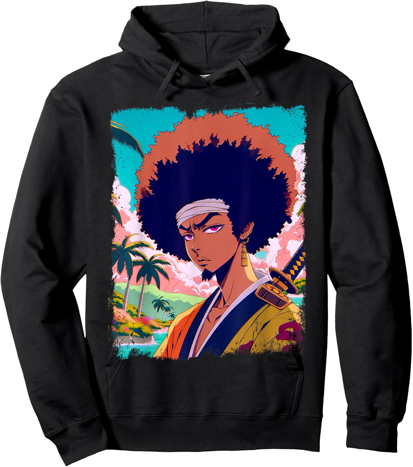 Afro-American Samurai Anime Manga Fighter Japanese Graphic Hoodie - Hoodie | Black