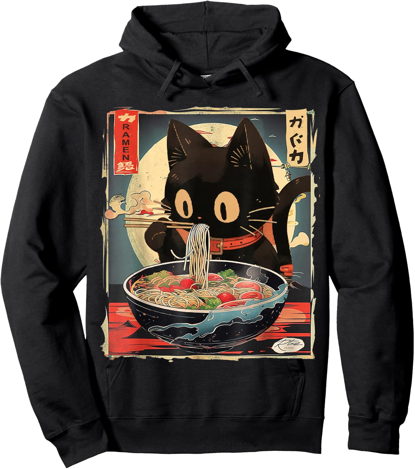Cat Ramen Manga Anime for Kids Boys Girls Teens Kawaii Cat Eating Ramen Noodles Anime Gift Girls Teens Hoodie - Hoodie | Black