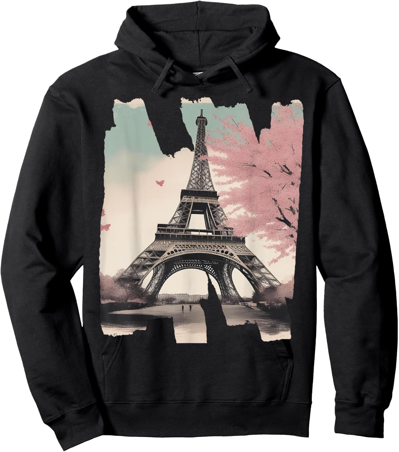 Eiffel Tower Souvenir Paris Cherry Blossom Bonjour French Hoodie - Hoodie | Black