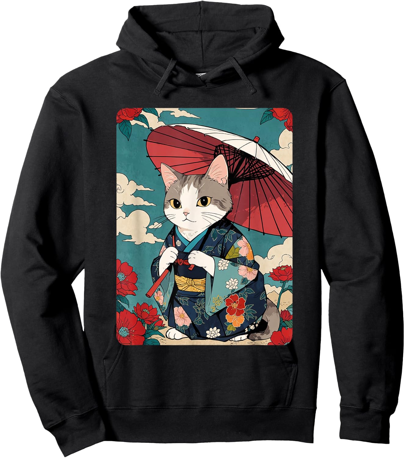 Cute Geisha Cat Japanese Cat Retro Neko Vintage Art Ukiyo-e Men Women Girls Kids Hoodie - Hoodie | Black
