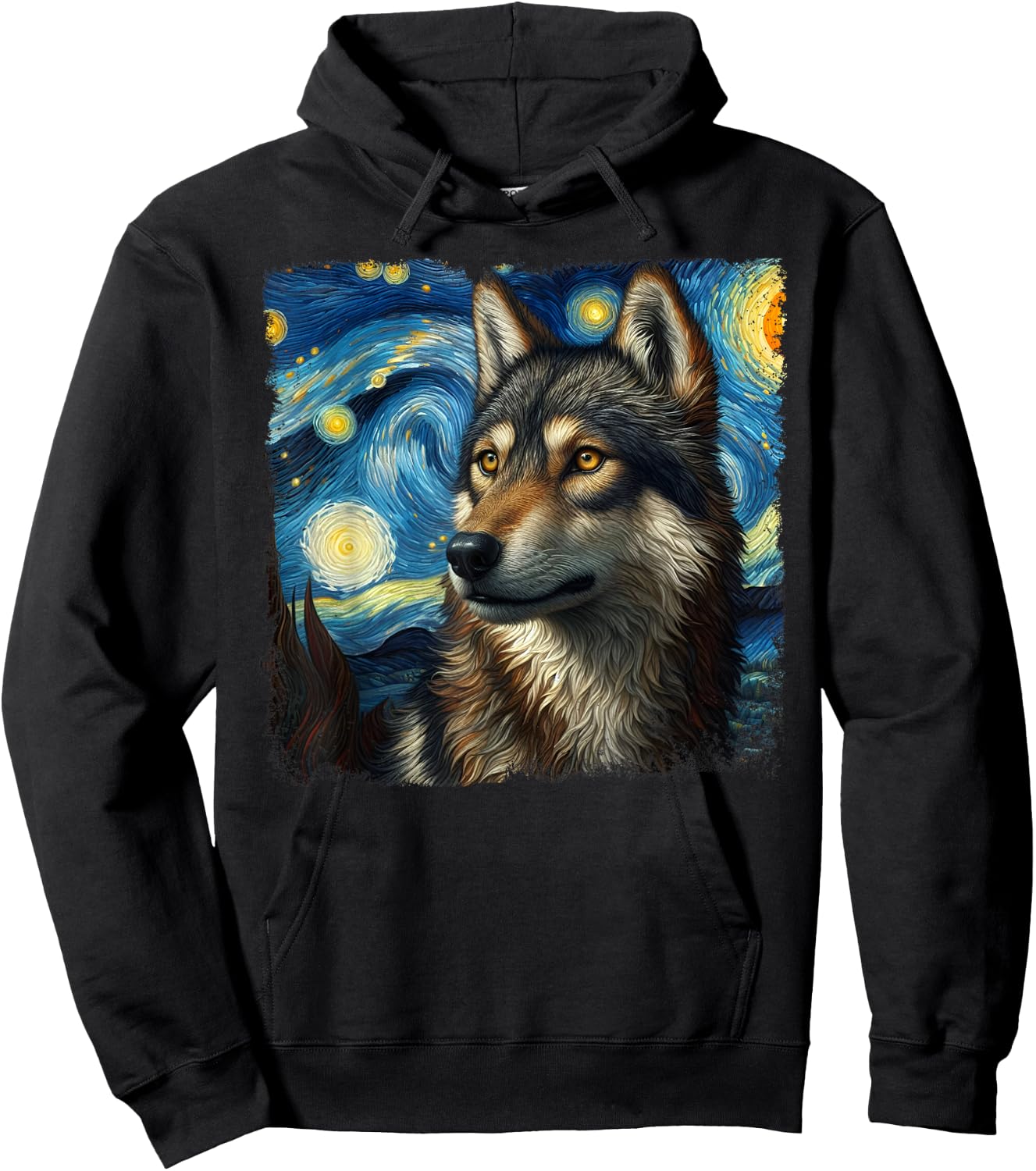 Wolf Starry Night Van Gogh Painting Wolves Lovers Hoodie - Hoodie | Black