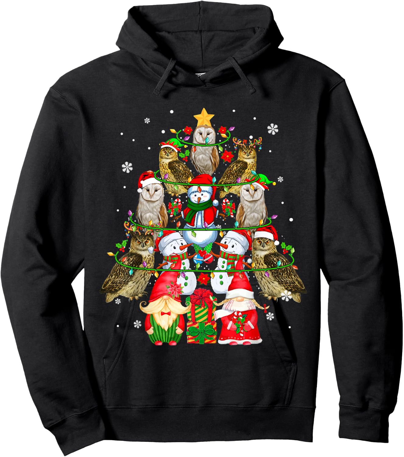 Group Santa Owls With Snowmen Gnomes As Xmas Tree Lover Hoodie - Hoodie | Black