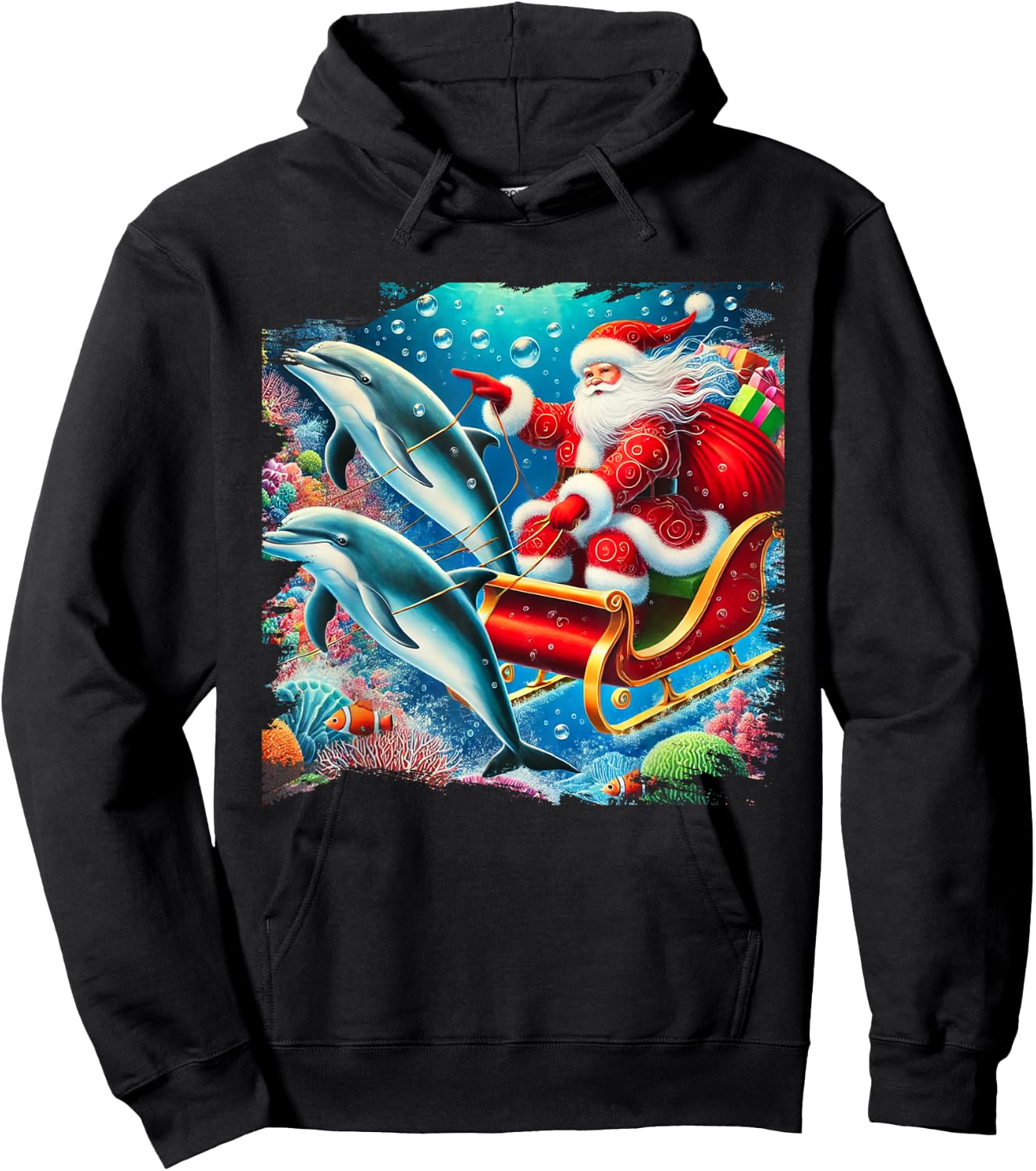 Santa Riding Dolphin Reindeer, Ocean Christmas Hoodie - Hoodie | Black