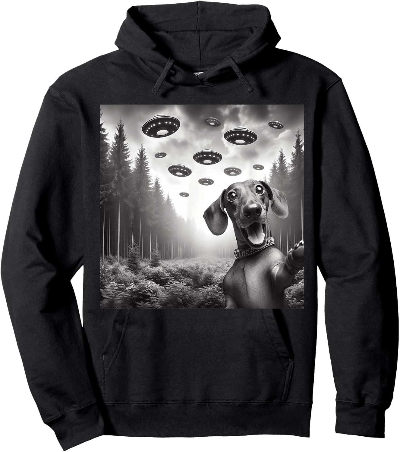 Funny Dachshund Dog Selfie With UFO Alien UFO Themed Stuff Hoodie - Hoodie | Black