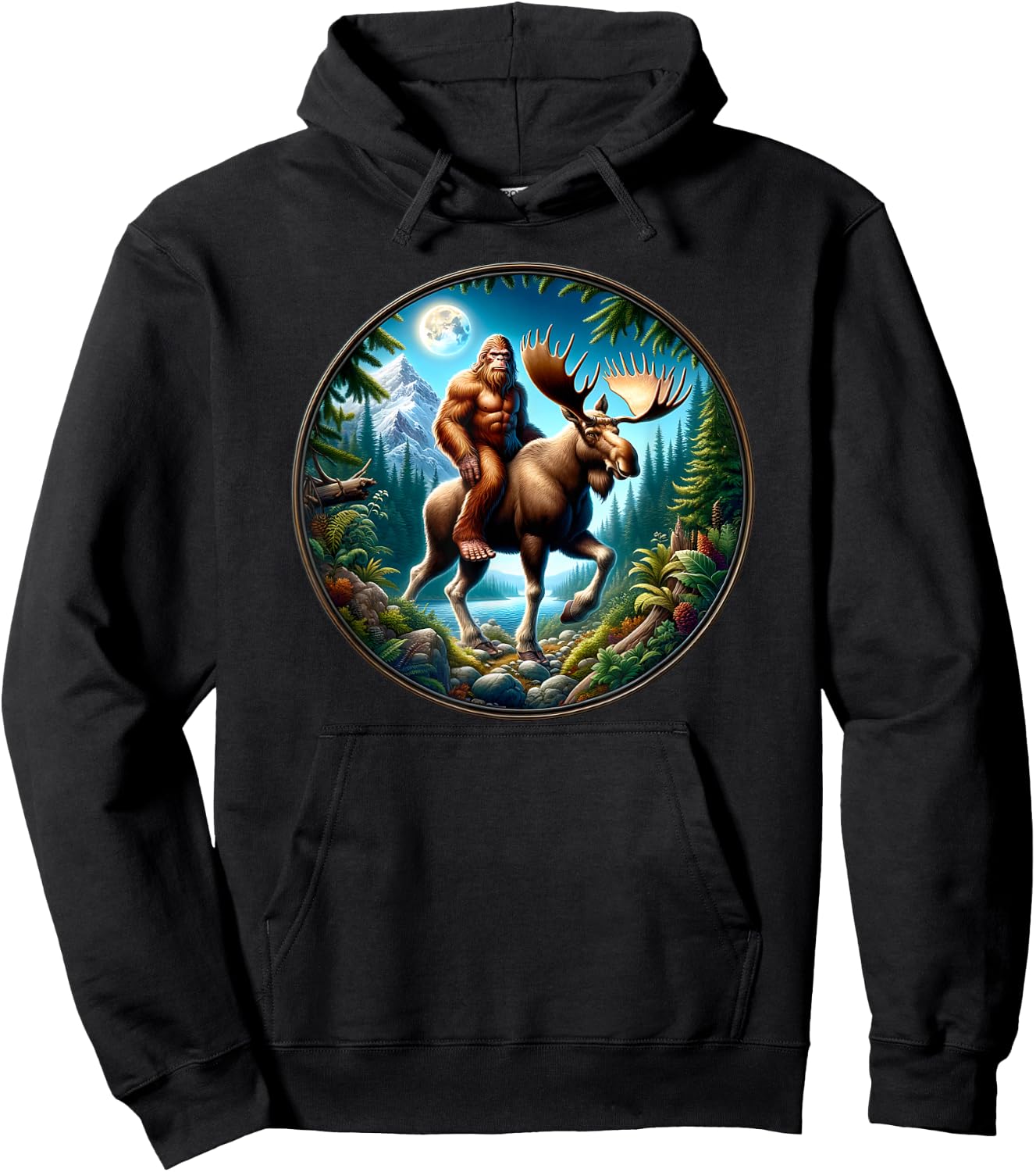 Bigfoot Riding a Moose, Sasquatch Cryptid Wilderness Hoodie - Hoodie | Black