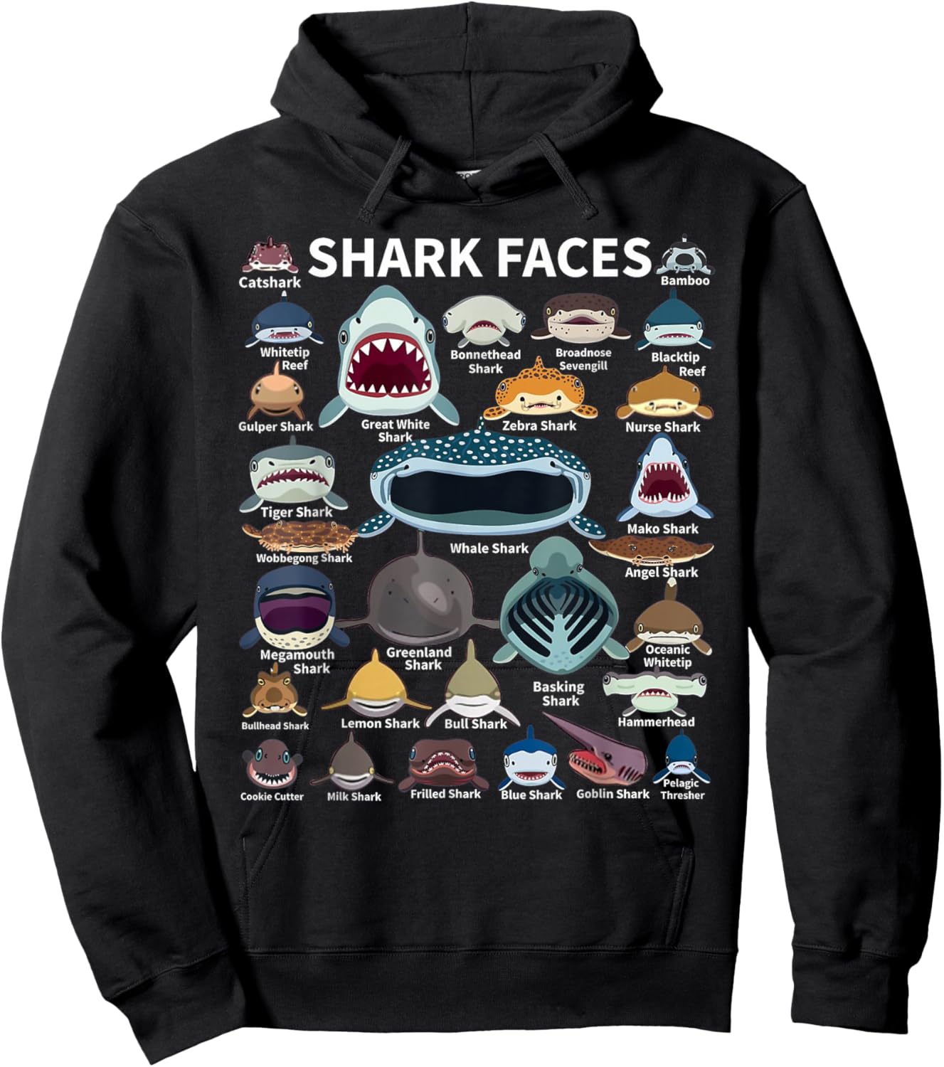 Shark Faces - Type of Shark - Shark Faces of All Kinds Hoodie - Hoodie | Black