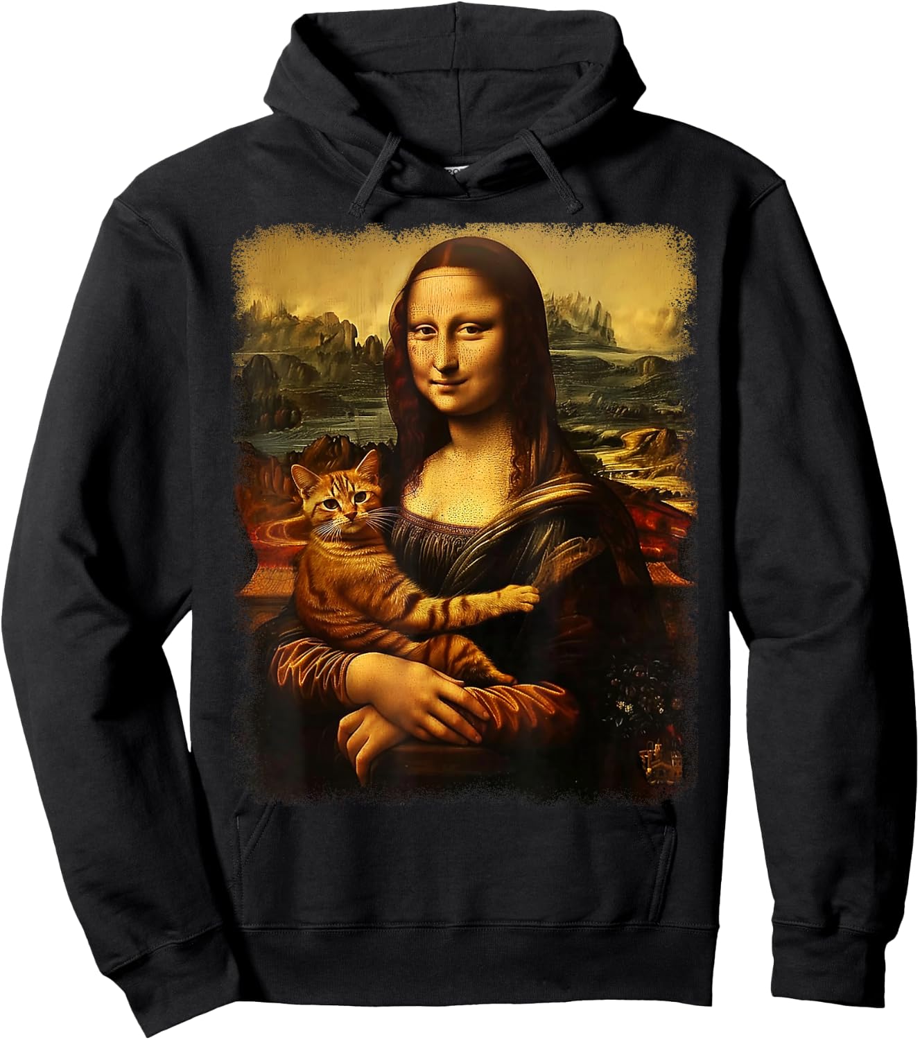 Mona Lisa With Cat Cat Print Black Small -Kids -Adults Short Sleeve Hoodie - Hoodie | Black