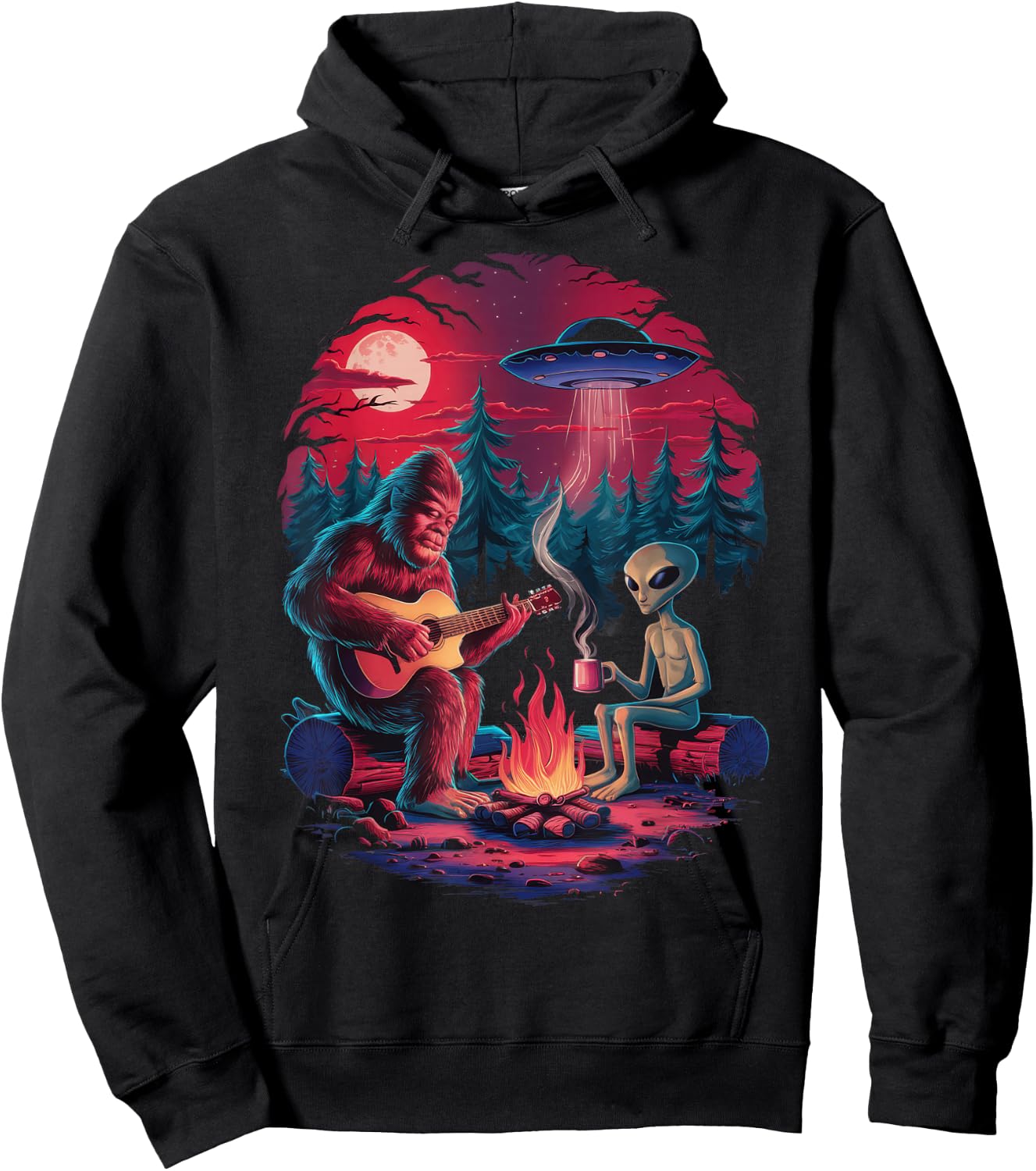 Funny Alien and Bigfoot Campfire Moon UFO Adventure Hiking Hoodie - Hoodie | Black
