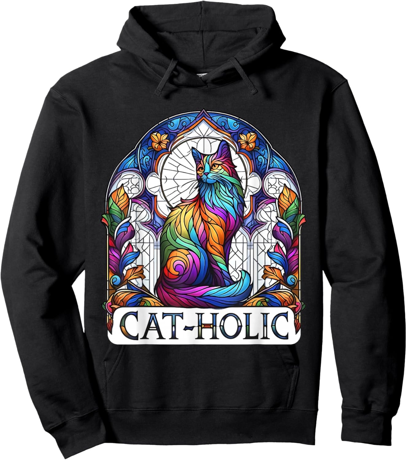 Cat-holic. Funny Catholic. Stained Glass Cat. Hoodie - Hoodie | Black