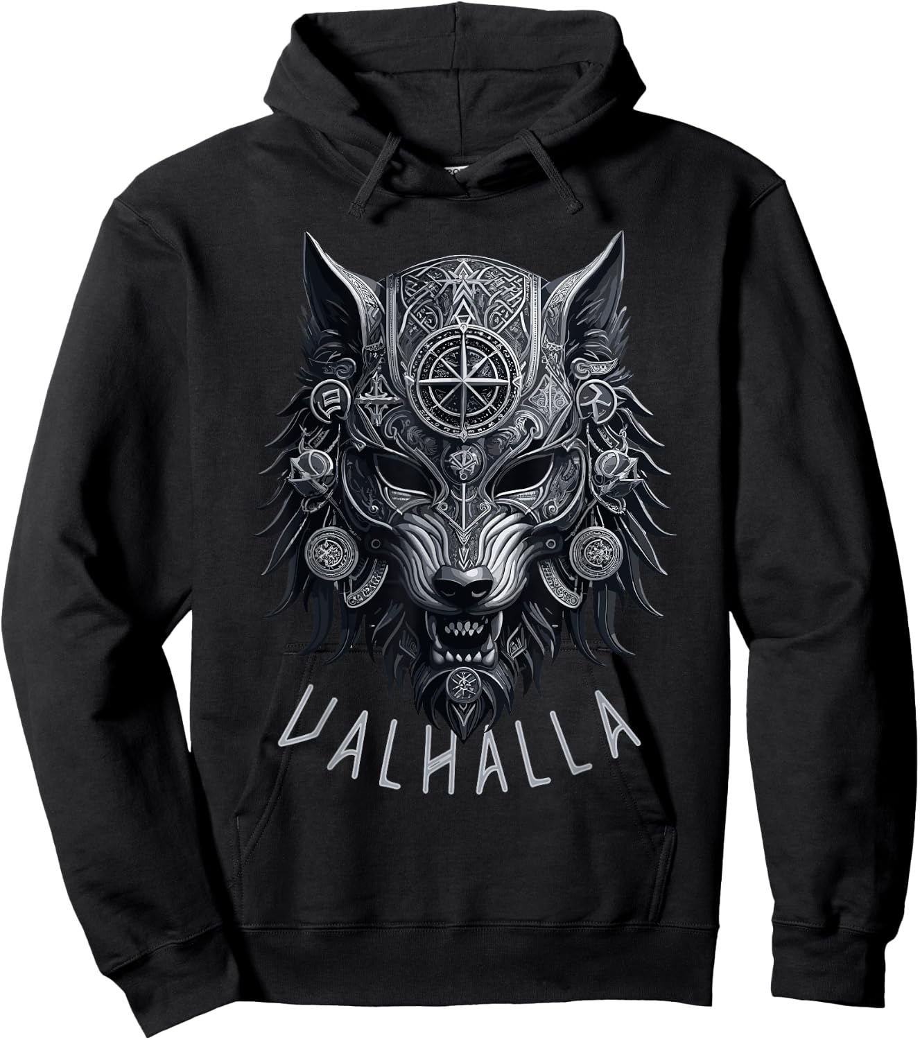 Valhalla Wolf Mask Odin Runes Norse Compass Viking Men Women Hoodie - Hoodie | Black
