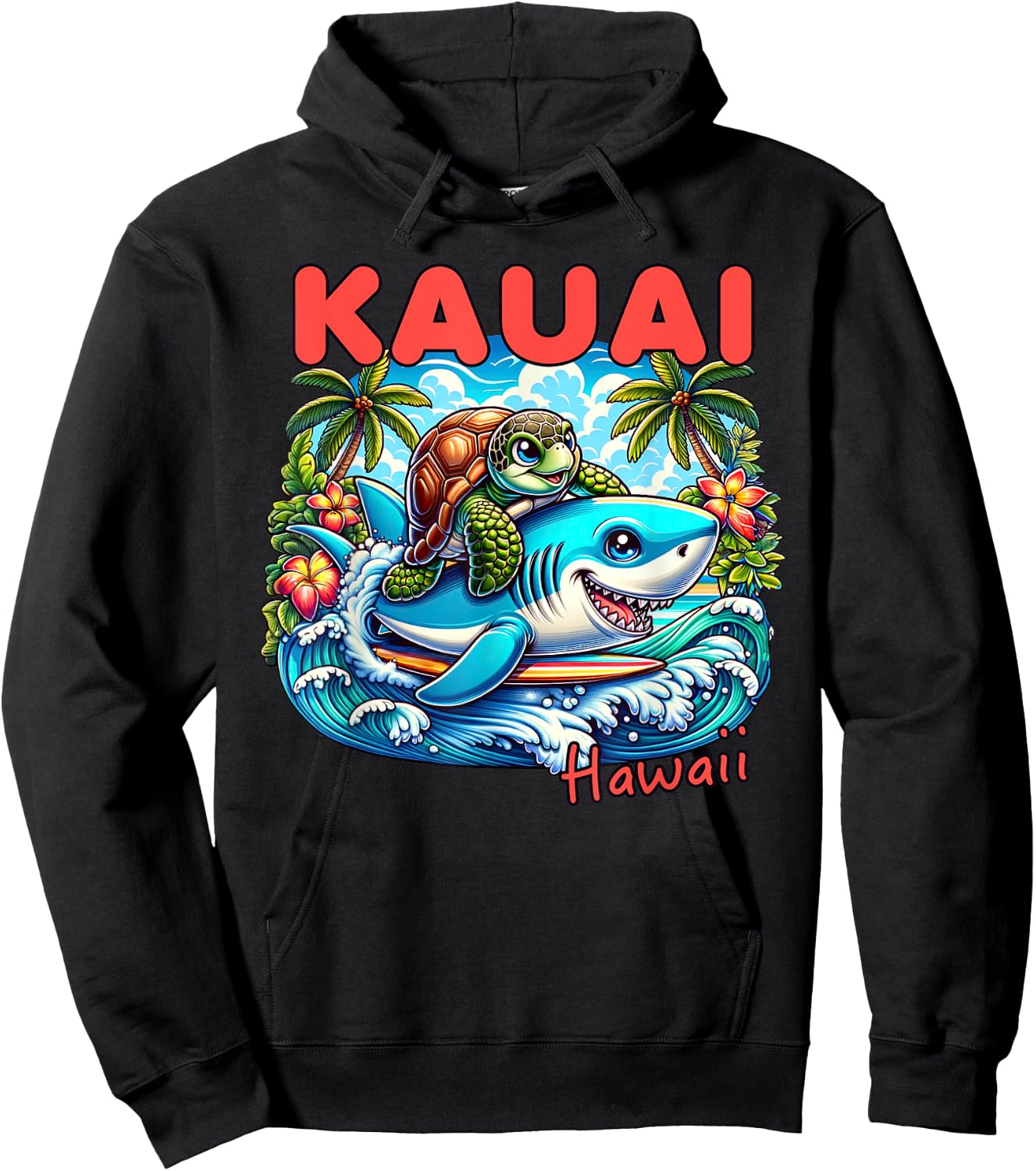Kauai Hawaii Beach Turtle and Shark Women Girls Kids Hoodie - Hoodie | Black