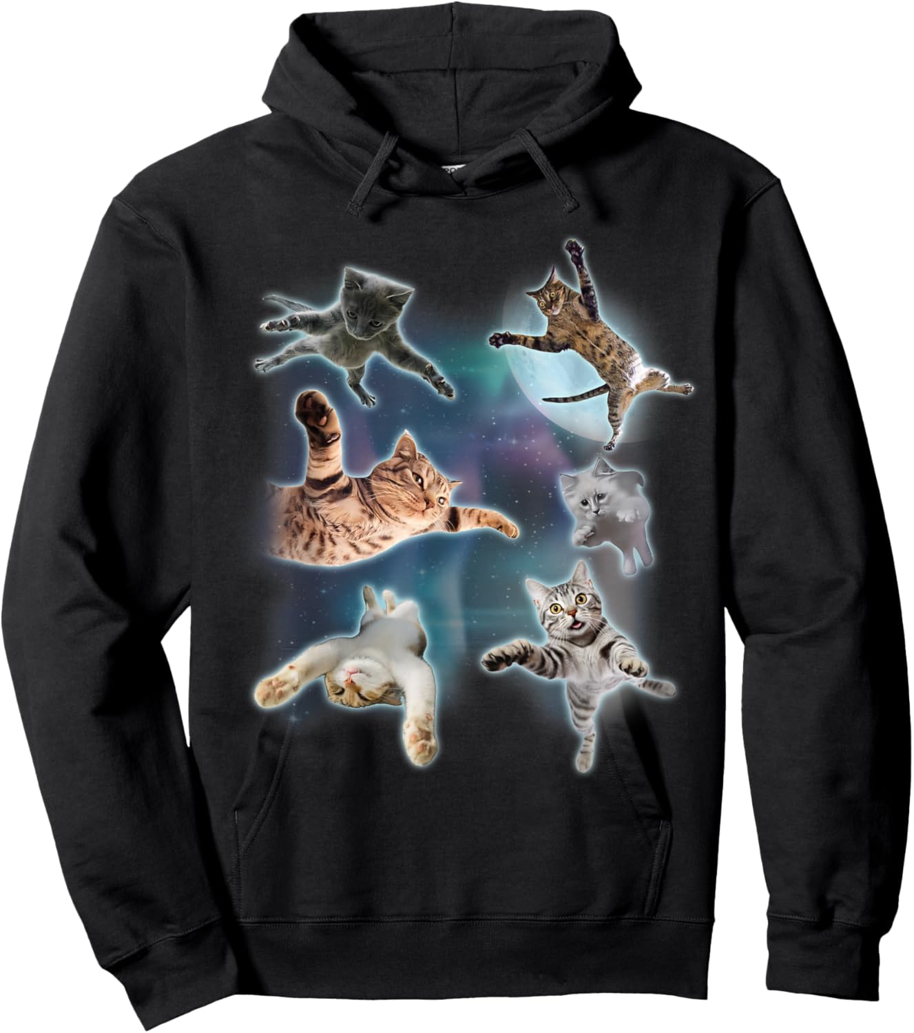 Cats Floating In Galaxy Graphic Vintage 90s Funny Cat Meme Women Kids Hoodie - Hoodie | Black