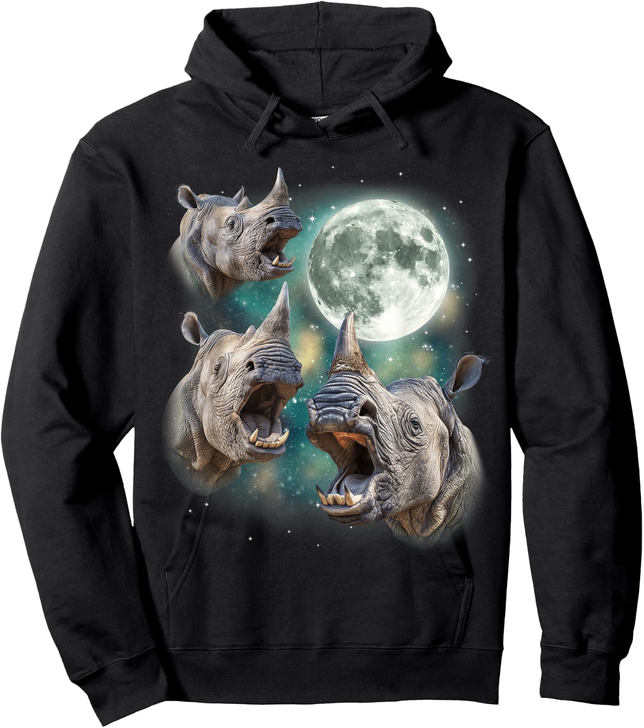 Three Rhino Moon | 3 Howling Rhinos Safari Animal Parody Hoodie - Hoodie | Black
