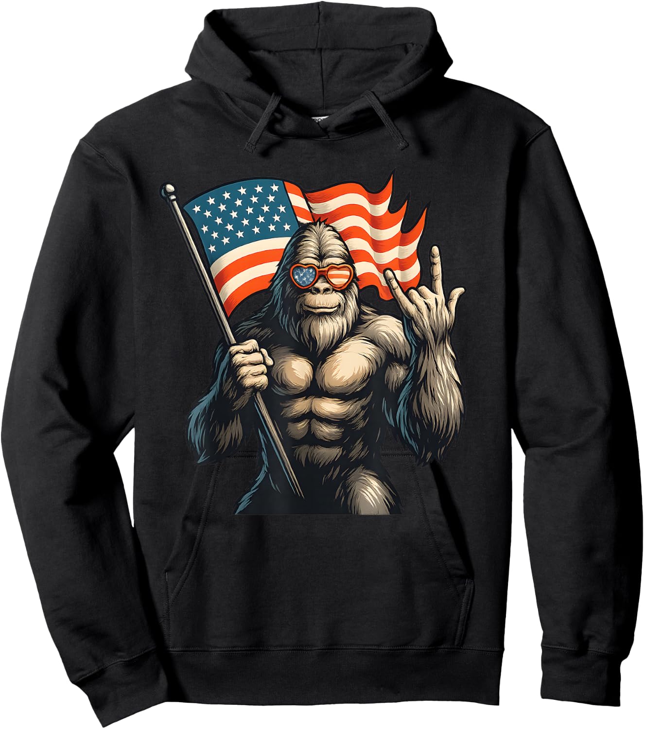 Patriotic Bigfoot Holding USA Flag Rock Hand Sunglasses Hoodie - Hoodie | Black