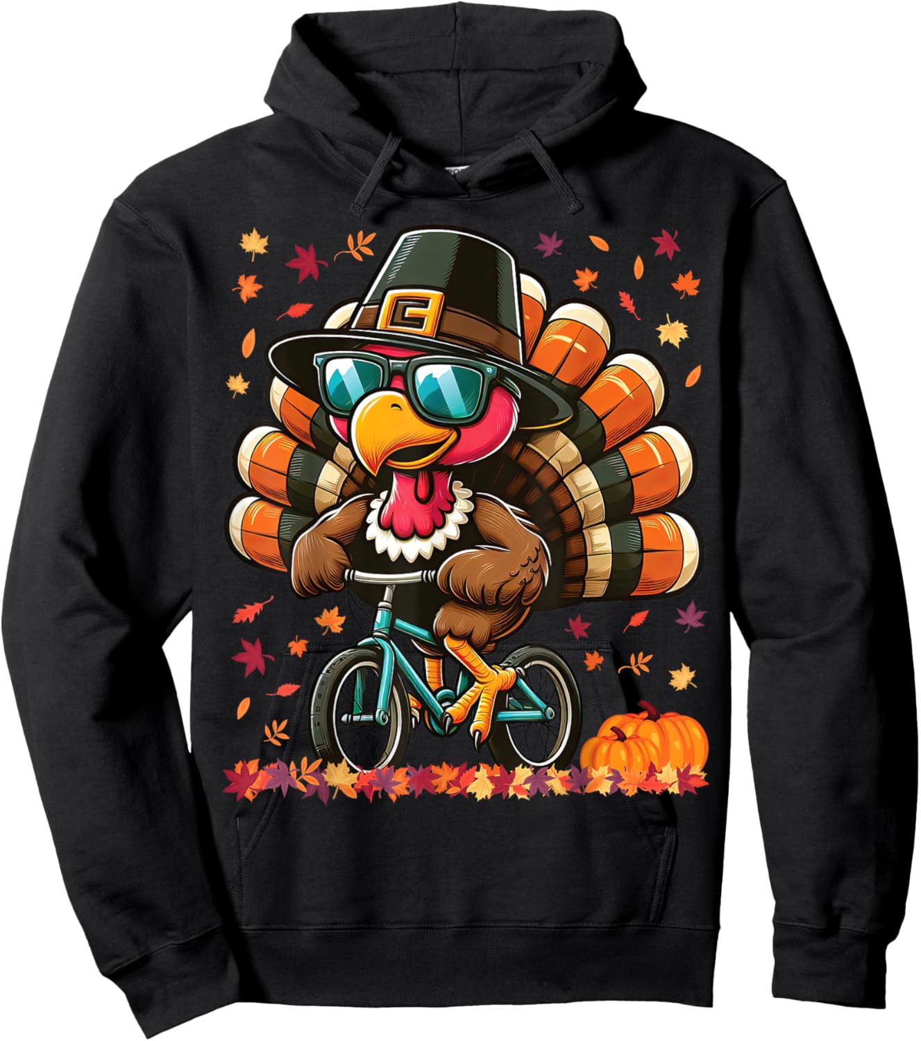 Funny Thanksgiving Turkey with Pilgrim Hat Riding Bicycle Hoodie - Hoodie | Black