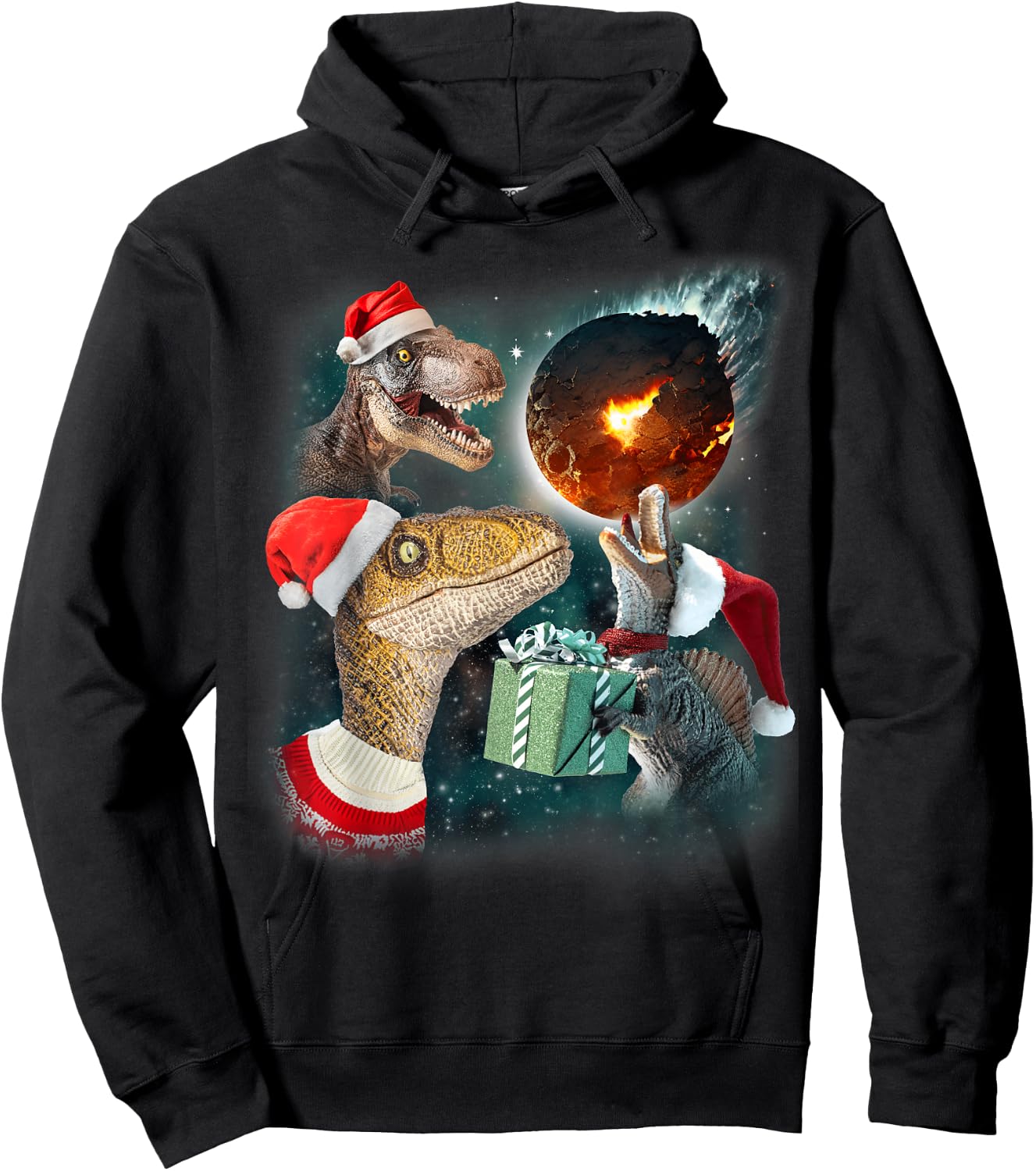 Three Rex Moon | 3 Dinos Howling Weird Cursed Christmas Meme Hoodie - Hoodie | Black