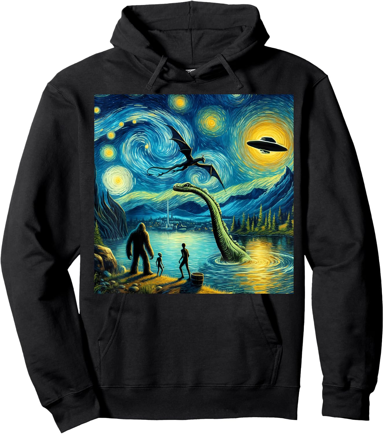 bigfoot starry night loch Ness alien UFO dragon cute lake Hoodie - Hoodie | Black