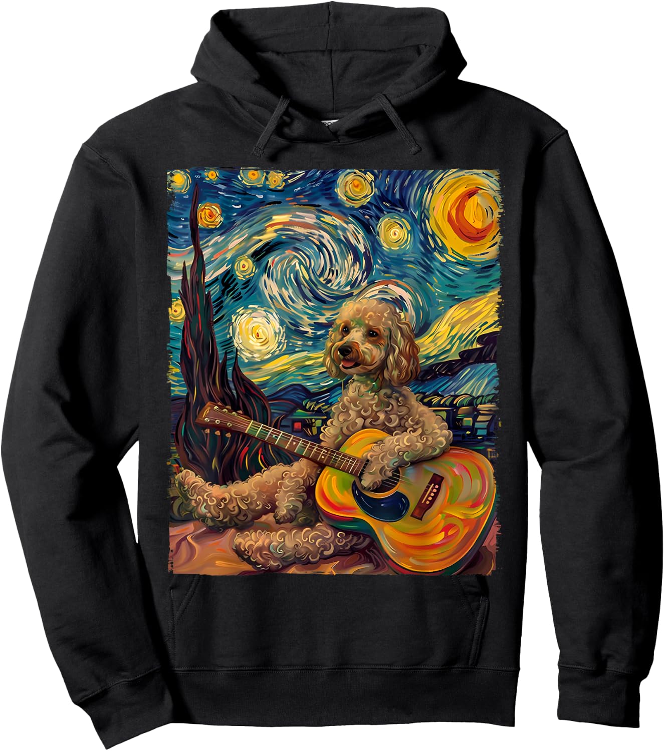 Starry Night POODLE Dog Playing The Guitar, Dog Painting Fun Hoodie - Hoodie | Black