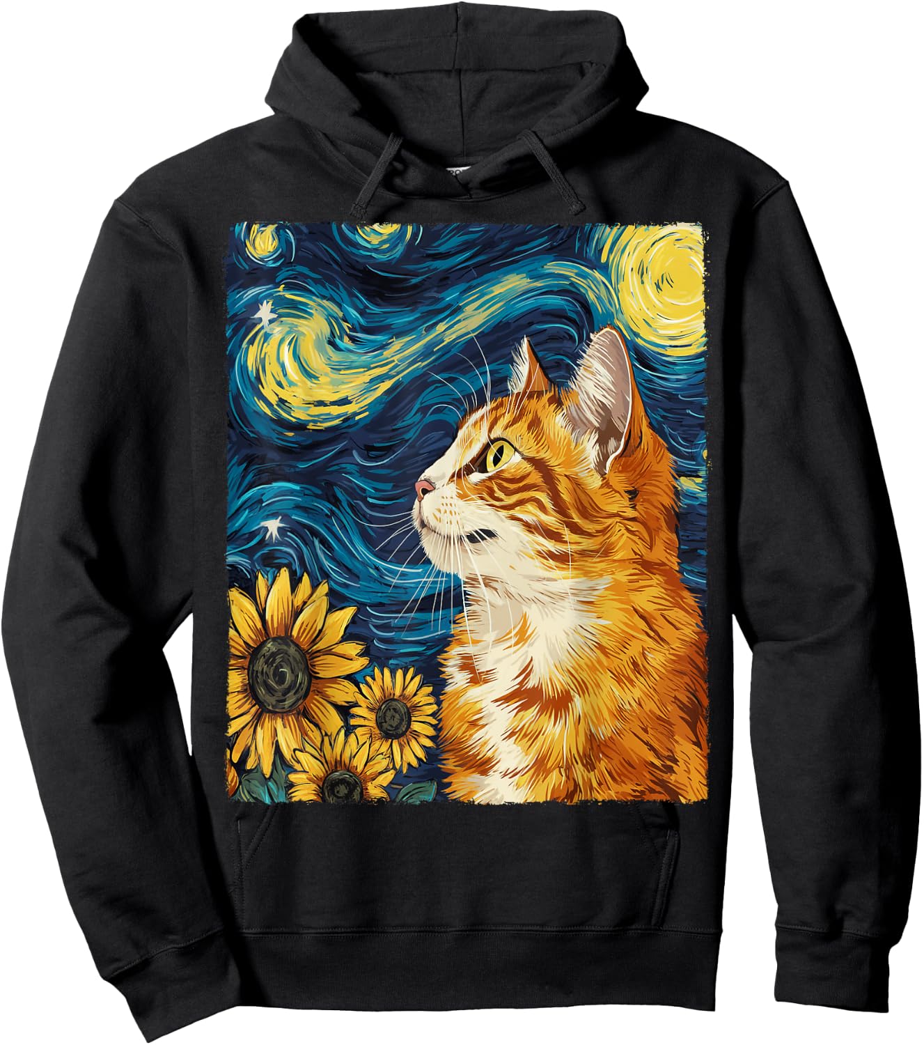 Cat Starry Night Apparel Gifts Graphic Cat Mom Cat Dad -Adults -Kids Black Small Round Collar Sunflower Graphic Modern Hoodie - Hoodie | Black