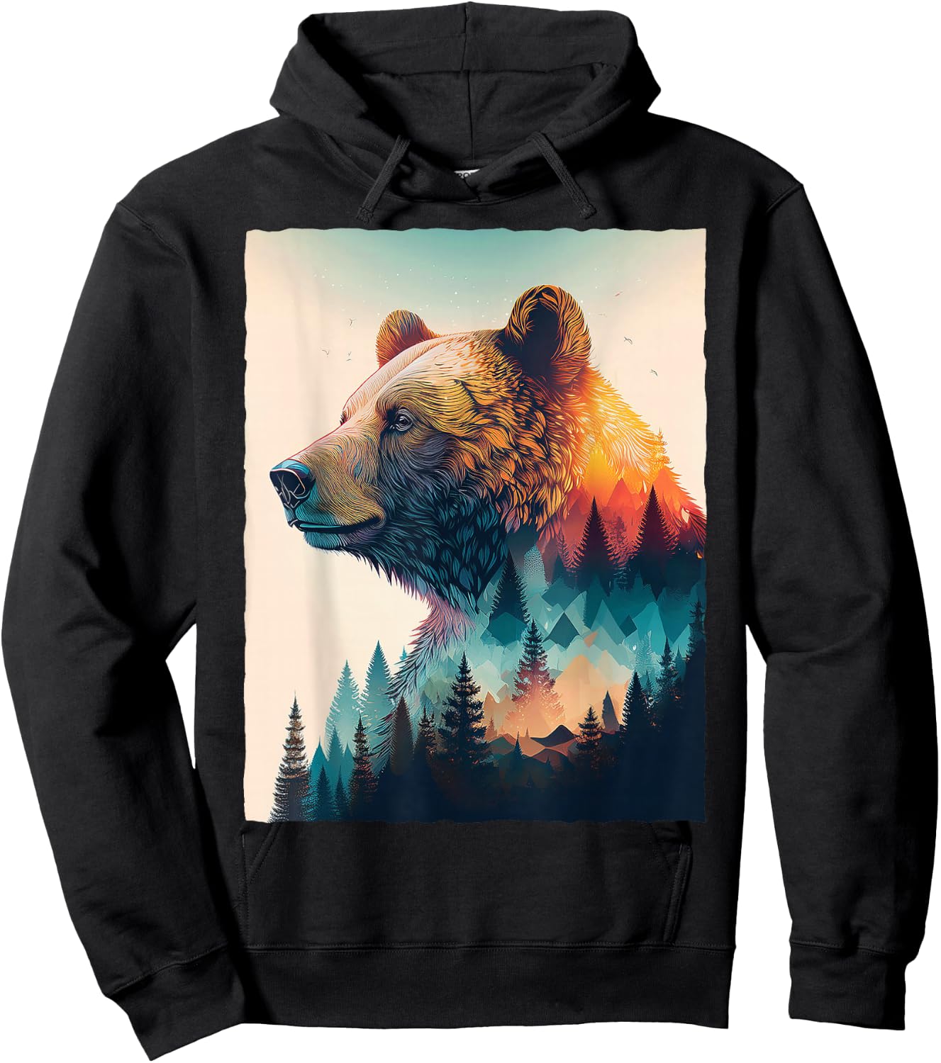 Grizzly Bear Forest Mountain Sunset Double Exposure Art Hoodie - Hoodie | Black