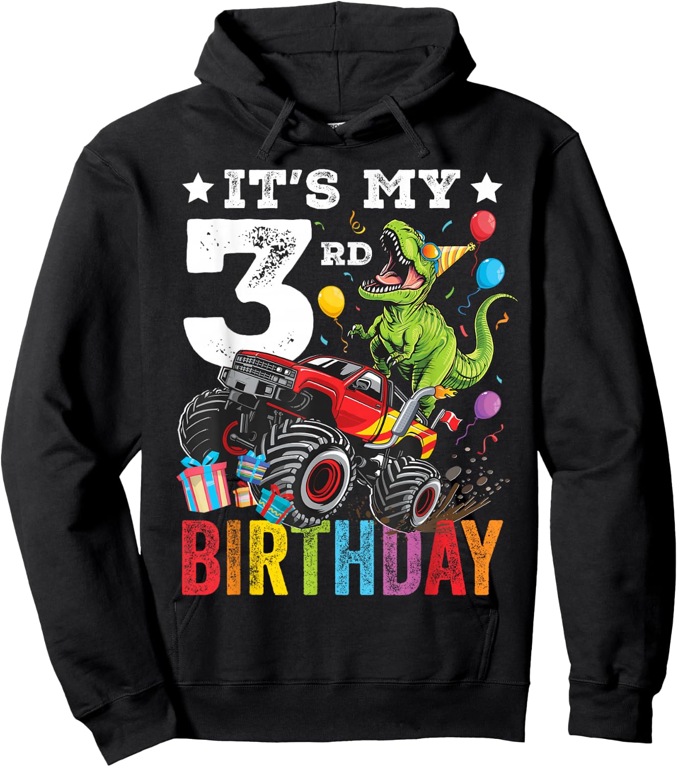 Three 3rd Birthday Dinosaur Monster Truck Hoodie - Hoodie | Black