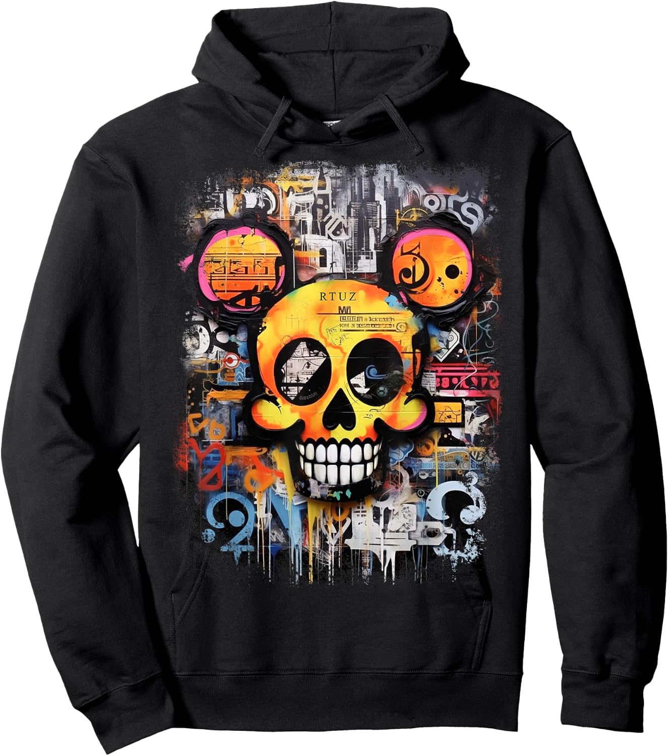 Mouse Skull Vintage Graffiti Biker Rocker Horror Skull Hoodie - Hoodie | Black