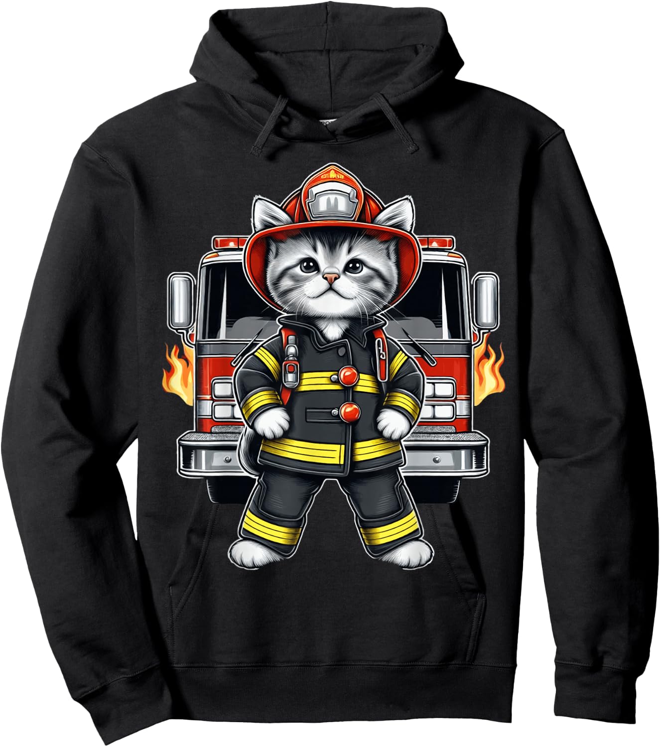 Brave Kitten Firefighter Cute Heroic Cat Adorable Firetruck Hoodie - Hoodie | Black