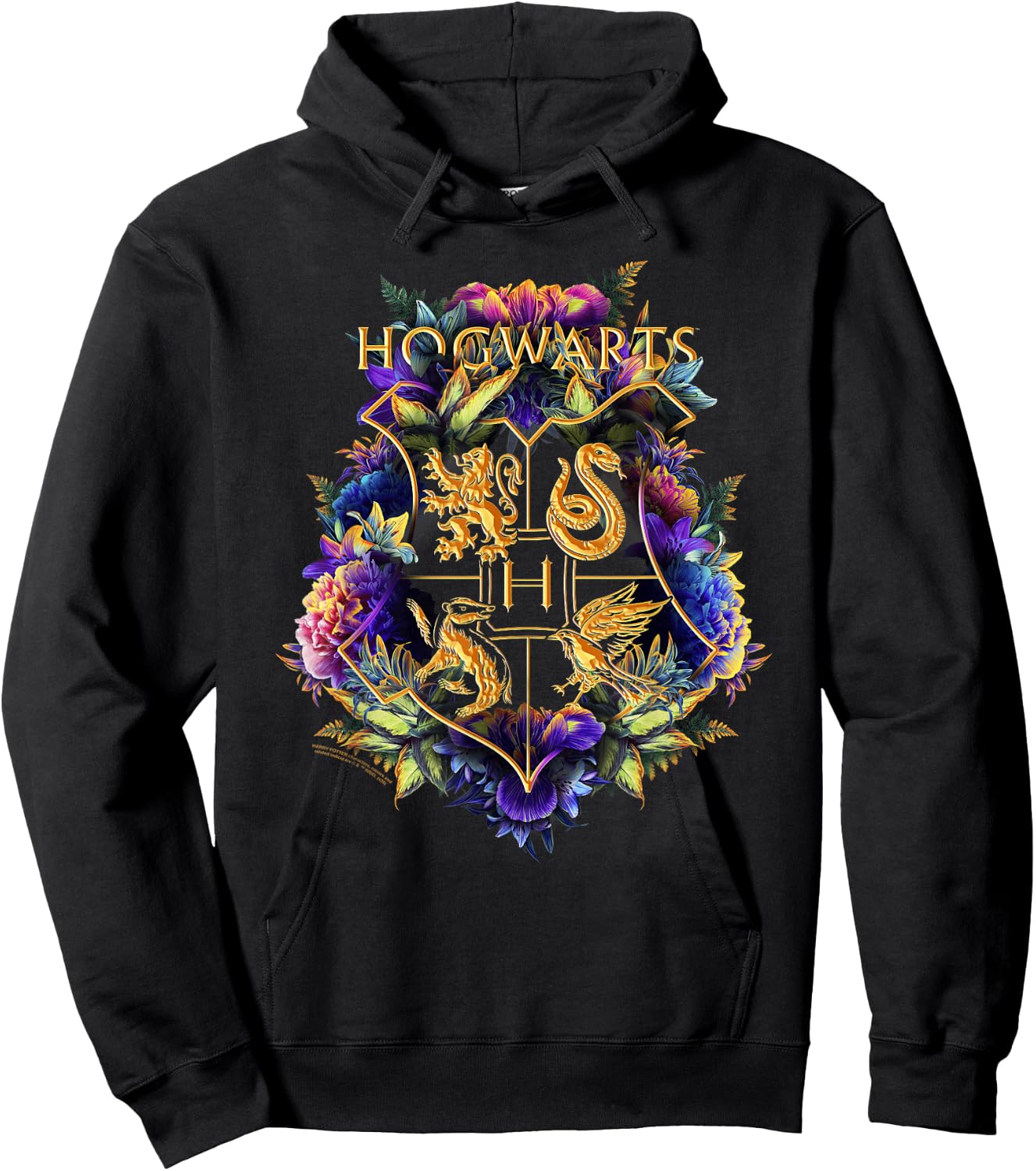 Harry Potter Hogwarts Multi-Colored Floral Crest Hoodie - Hoodie | Black
