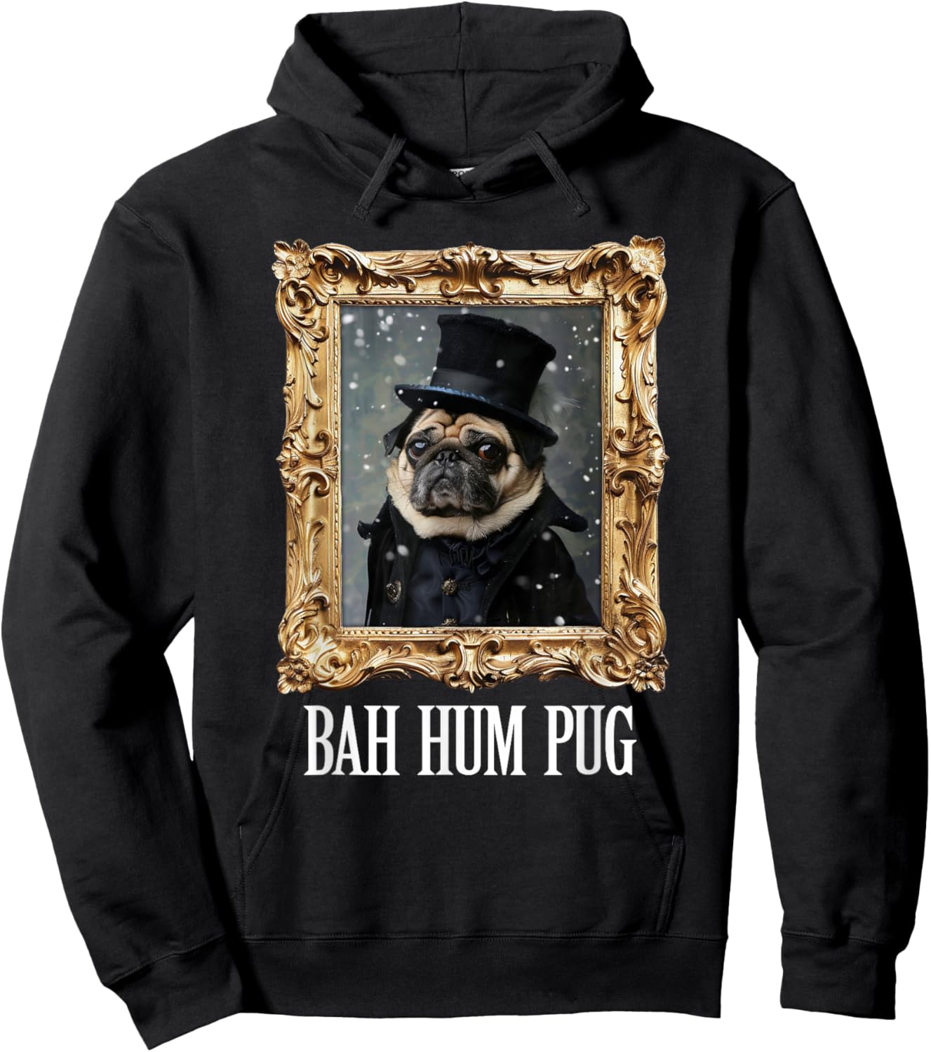 Funny Dog Bah Hum Pug Christmas Pet Holiday Photo Old Frame Men Women Kids Hoodie - Hoodie | Black