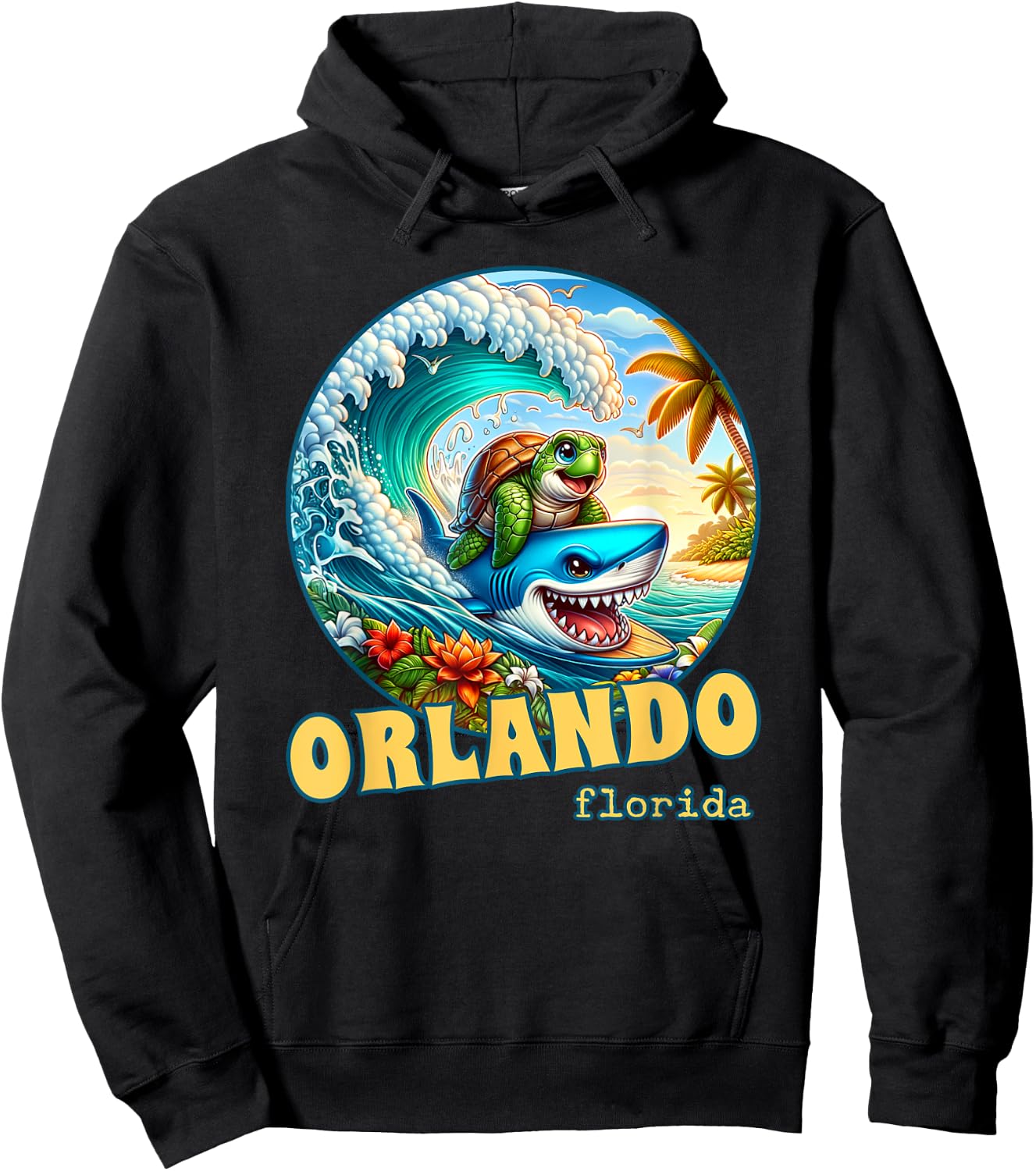 Orlando Florida Surfing Sea Turtle and Shark Hoodie - Hoodie | Black