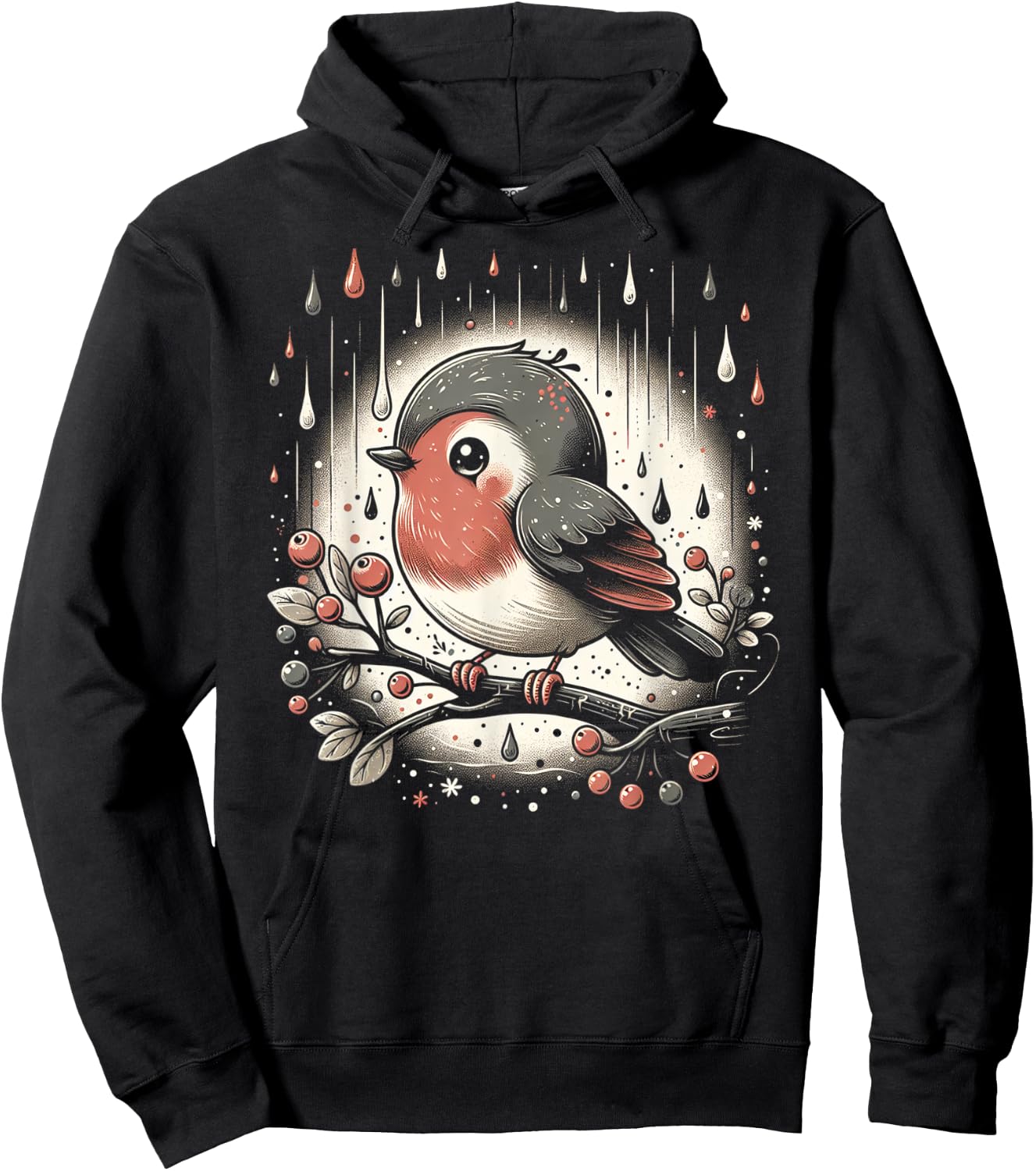Whimsical Robin in Rain Hoodie - Hoodie | Black