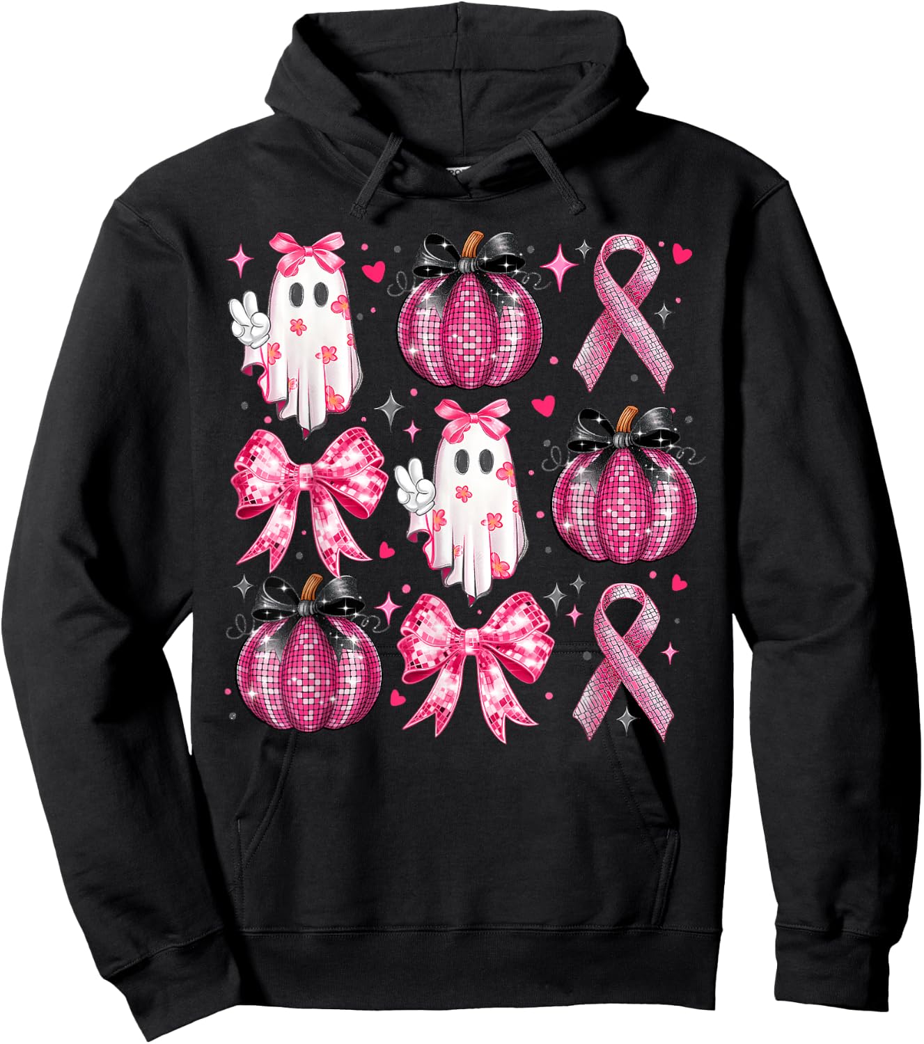 Halloween Pumpkin Pink Ribbon Disco Ghost Bow Breast Cancer Hoodie - Hoodie | Black