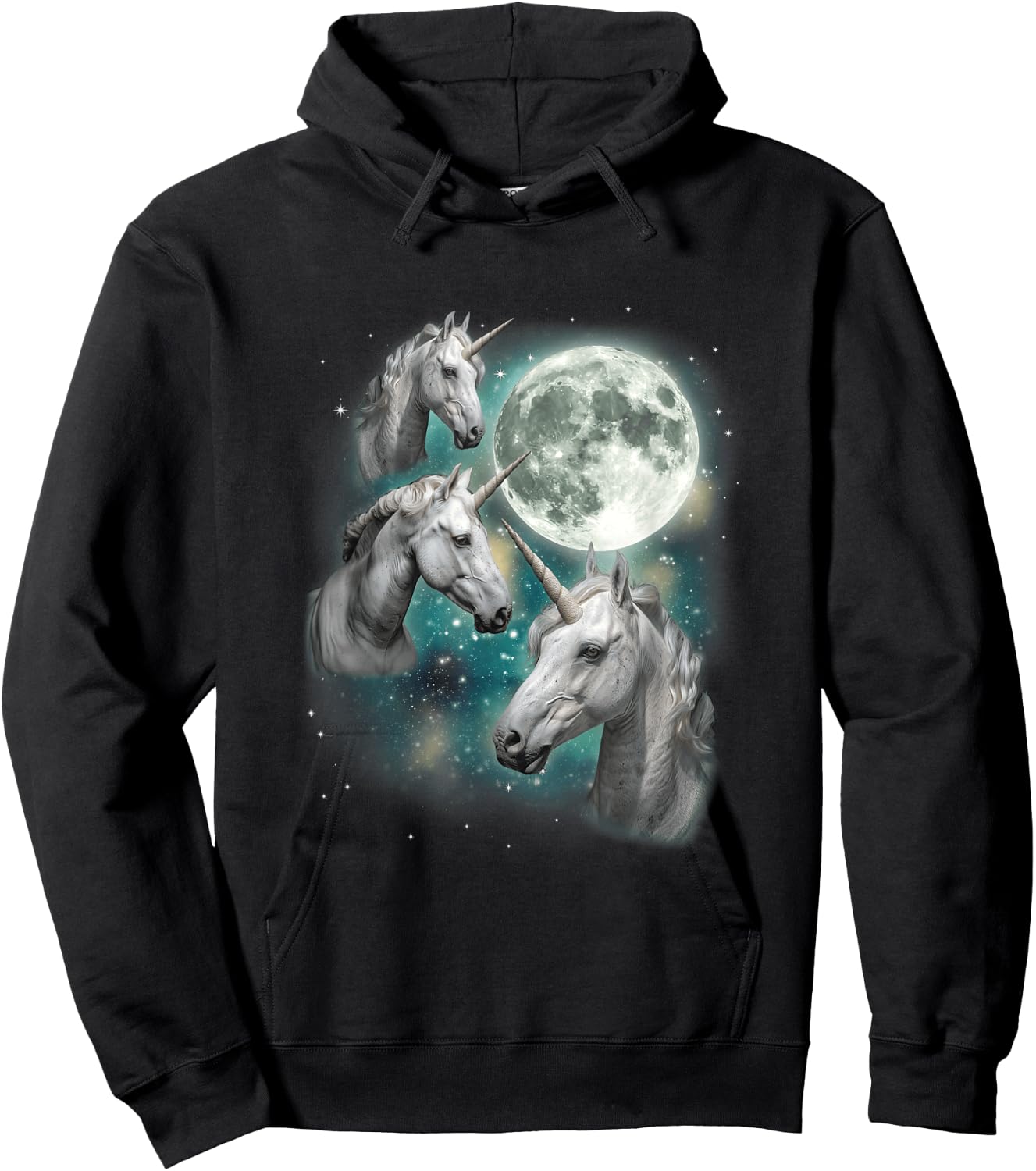 Three Unicorn Moon | 3 Magical Fantasy Mythic Horned Unicorn Hoodie - Hoodie | Black