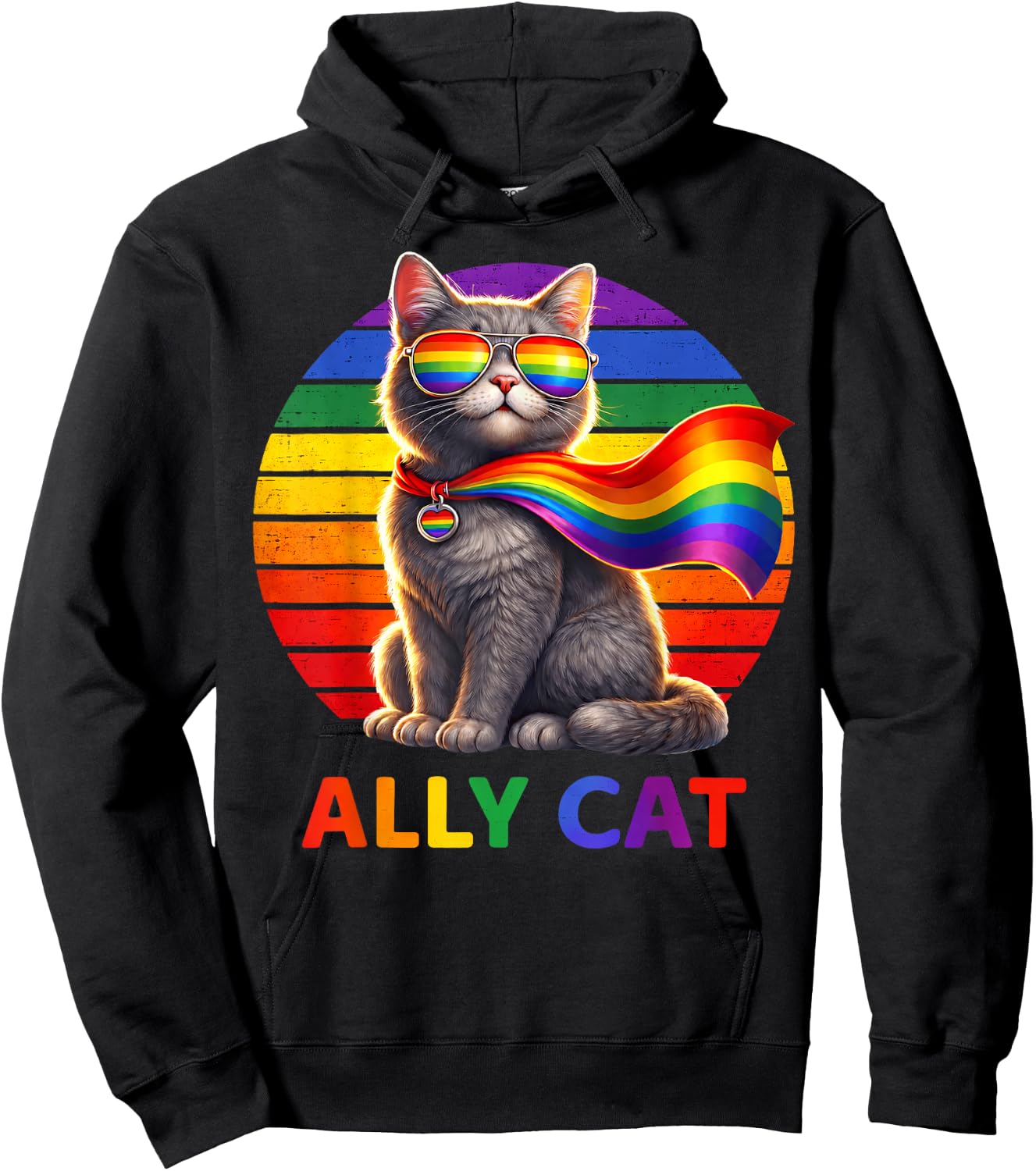Pride LGBT Ally Cat Fun Rainbow Colorful Men Women Kid Hoodie - Hoodie | Black