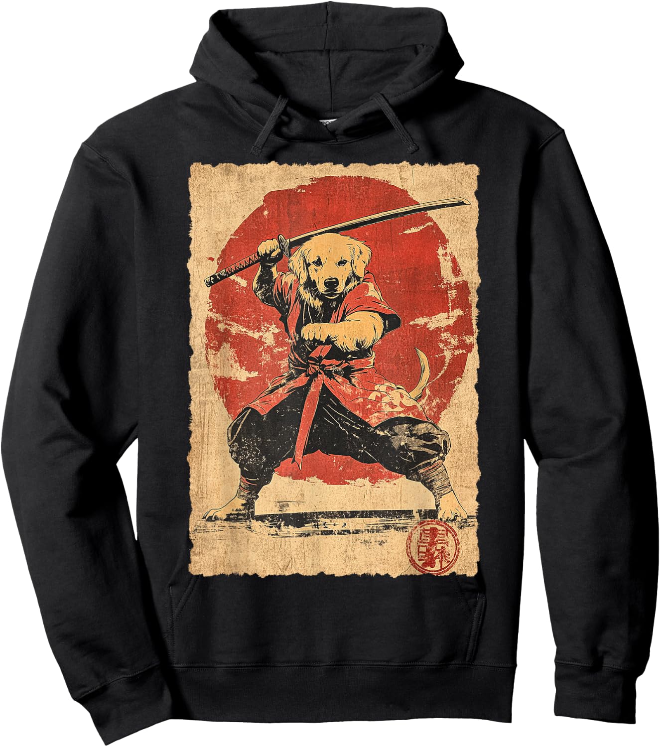 Vintage Japanese Art Golden Retriever Ninja Samurai Warrior Hoodie - Hoodie | Black