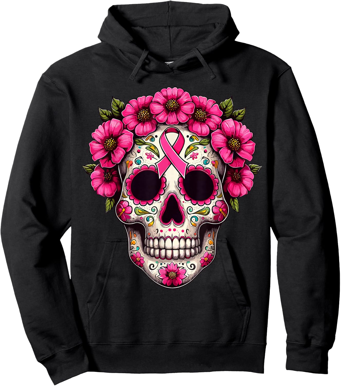 Sugar Skull Pink Ribbon Calavera Breast Cancer Awareness Hoodie - Hoodie | Black