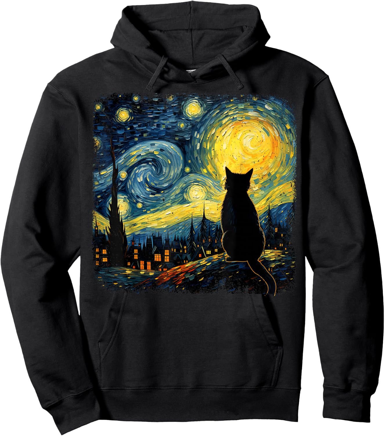 Cat Starry Night Van Gogh Cat For Cat Lover Cat Mom Cat Dad Hoodie - Hoodie | Black