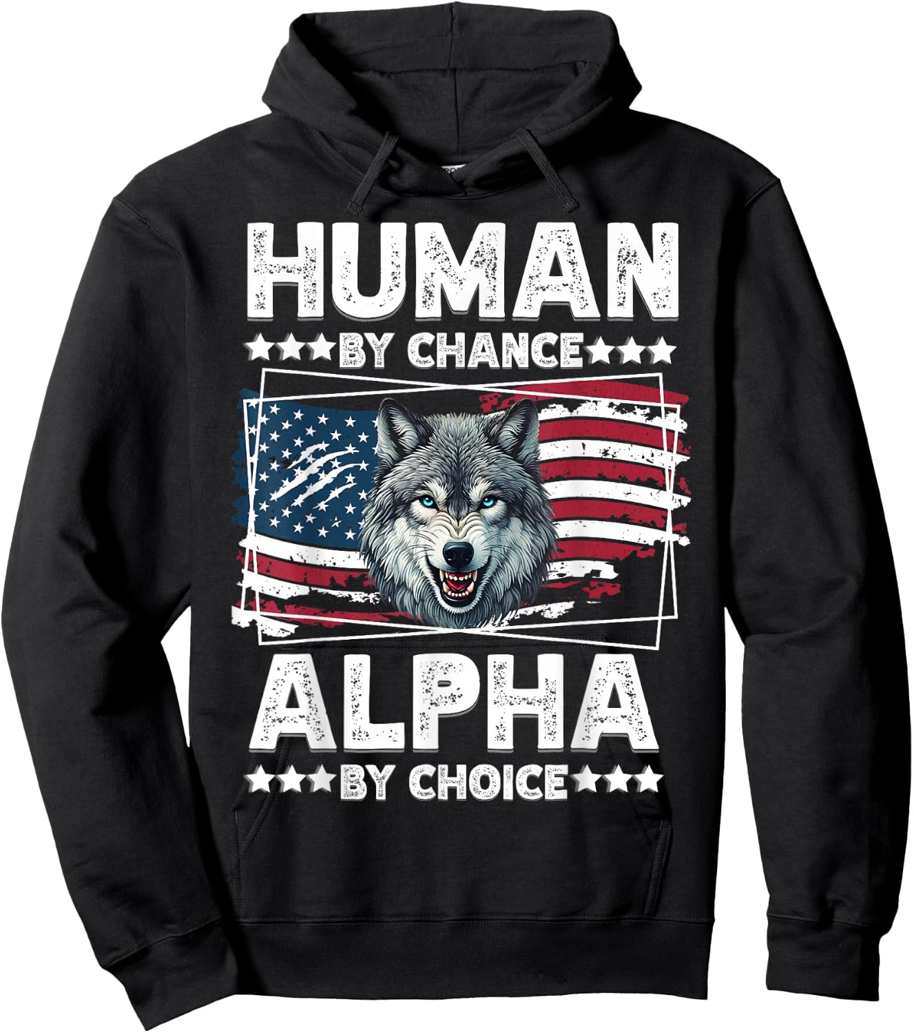 Funny Alpha Wolf Meme Human by Chance American Flag USA Hoodie - Hoodie | Black