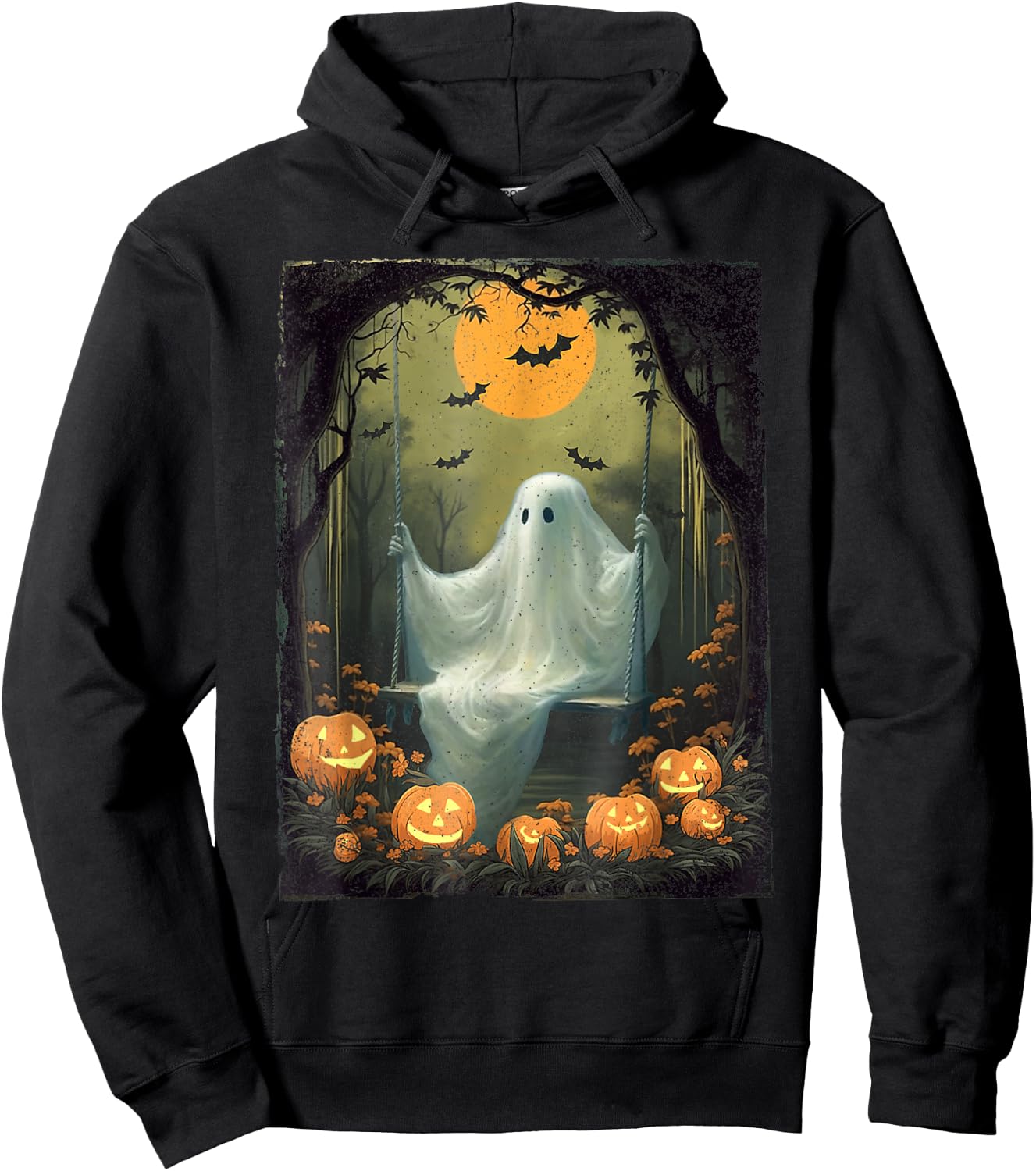 Vintage Floral Ghost On Swing In Forest Halloween Pumpkin Hoodie - Hoodie | Black