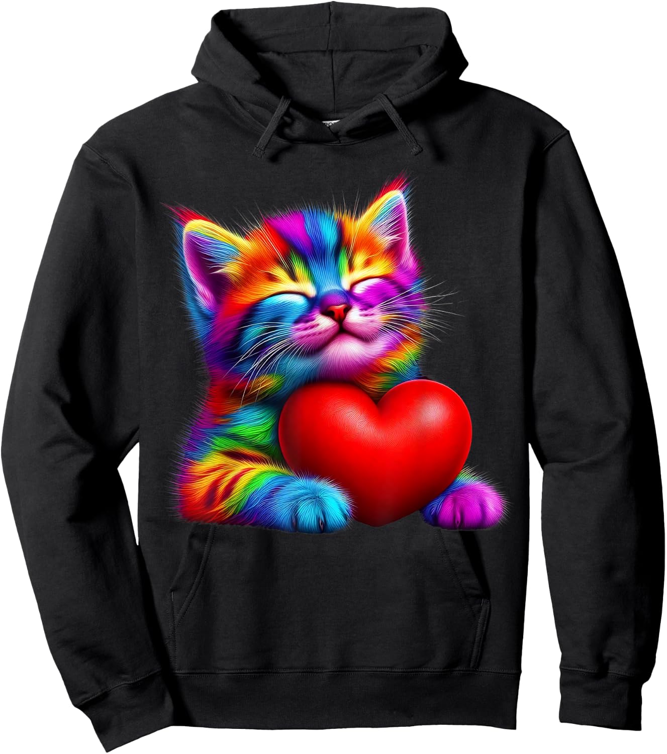 Rainbow Cute Cat Hugging Valentine Heart Kitty Love Cat Hoodie - Hoodie | Black