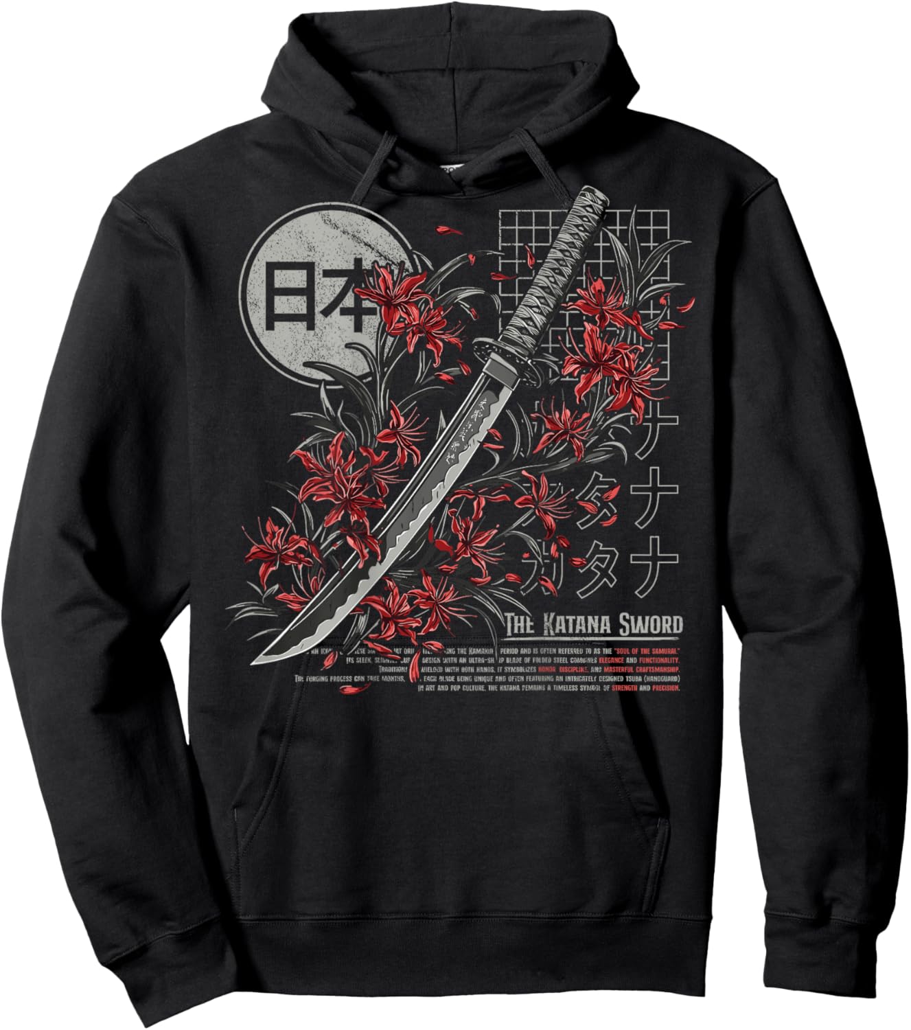 Red Spider Lily Flower Japanese Katana Sword Backprinted Hoodie - Hoodie | Black