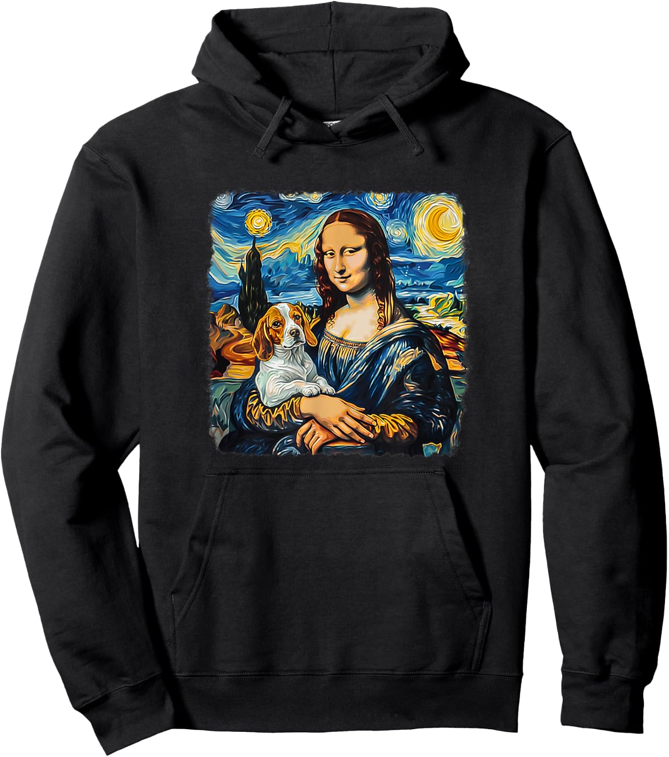 Mona Lisa with Beagle Van Gogh Starry Night Funny Painting Hoodie - Hoodie | Black