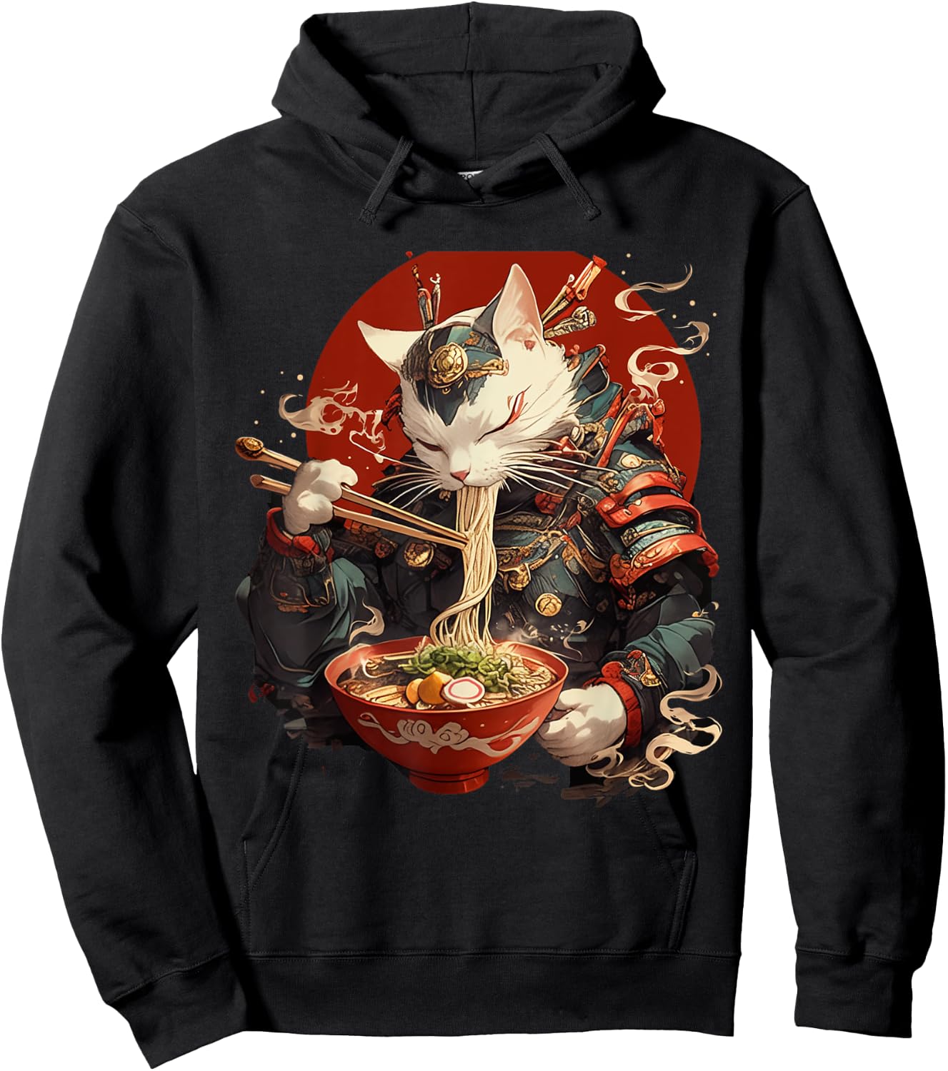 Japanese Art Ramen Cat Ninja Ukiyo-e Anime Style Samurai Cat Hoodie - Hoodie | Black
