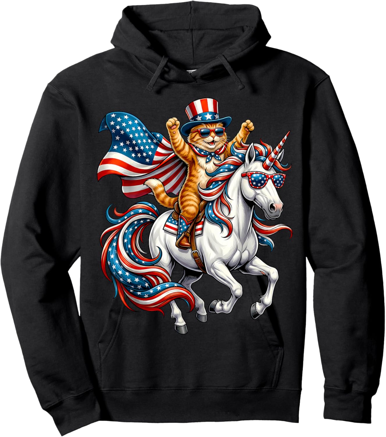 Funny Cat Unicorn America USA Flag Patriotic 4th of July Hoodie - Hoodie | Black