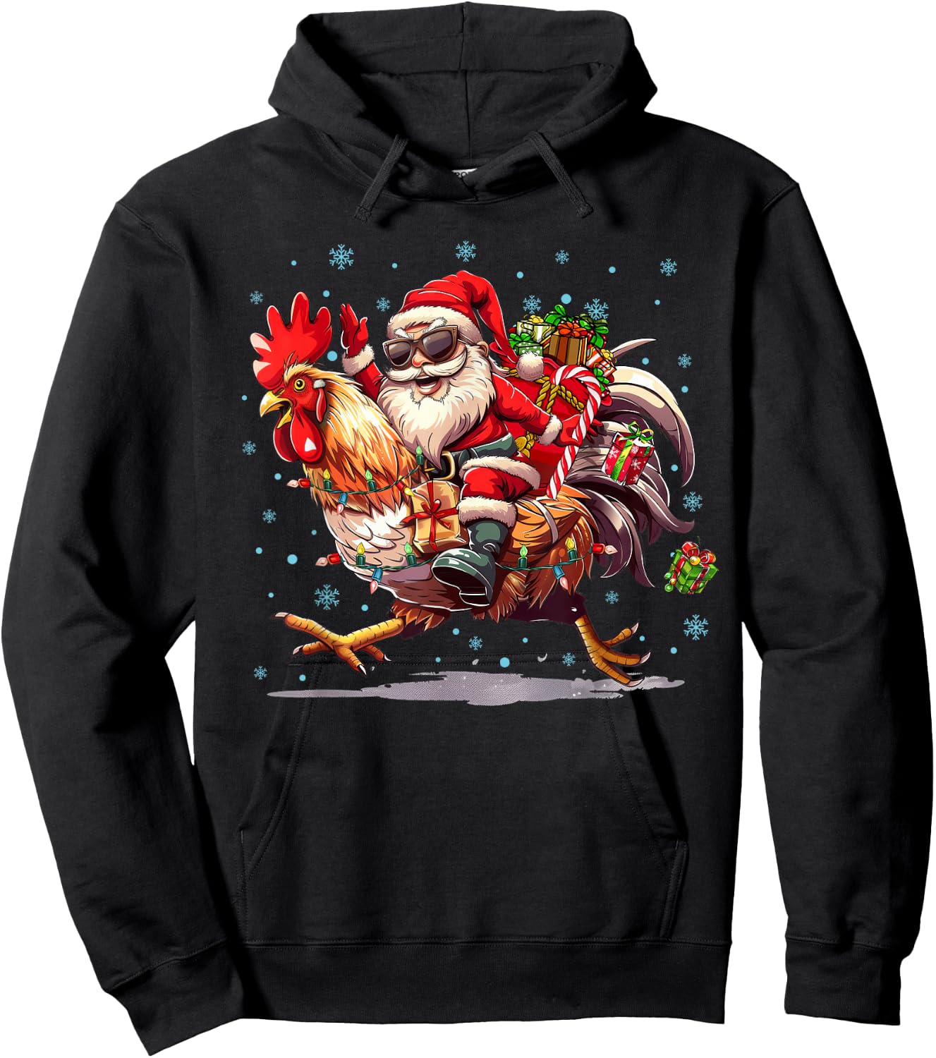 Ugly Christmas Santa Riding Chicken Christmas Tree Lights Hoodie - Hoodie | Black
