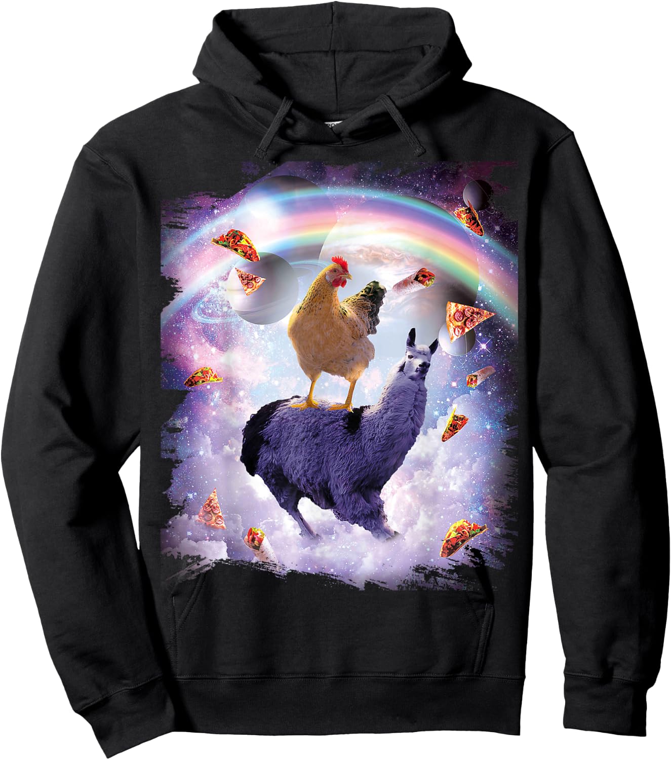 Chicken Riding Llama in Space - Rainbow Hoodie - Hoodie | Black