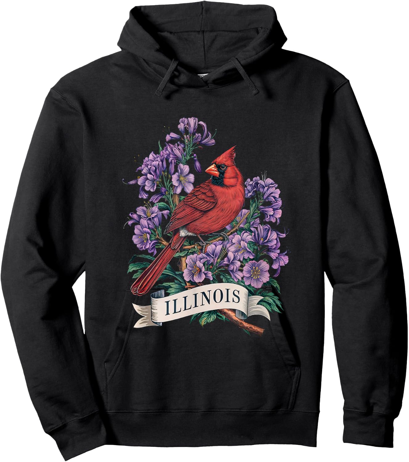 Illinois Northern Cardinal Bird and Violet Flower Hoodie - Hoodie | Black